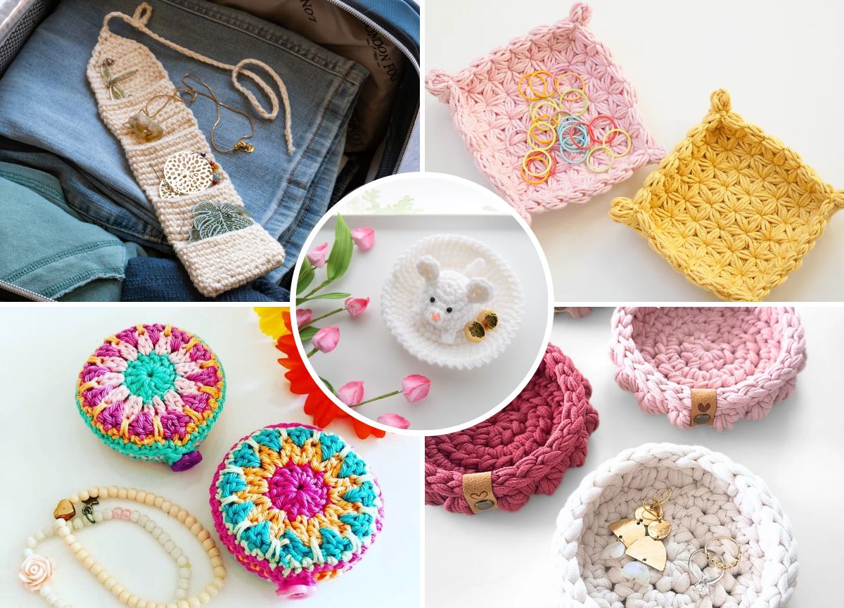 A collage of crocheted jewelry dishes and organizers, including rectangular pouches, square trays, round containers, and a decorative mouse dish, displayed with jewelry and accessories.