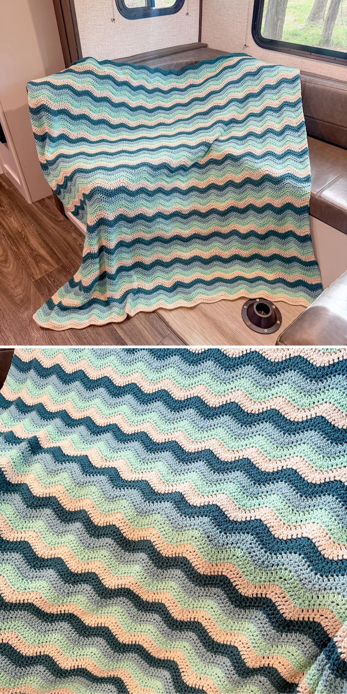 A crocheted blanket with a wavy striped pattern in shades of blue, green, and cream is draped over a seat inside an RV.