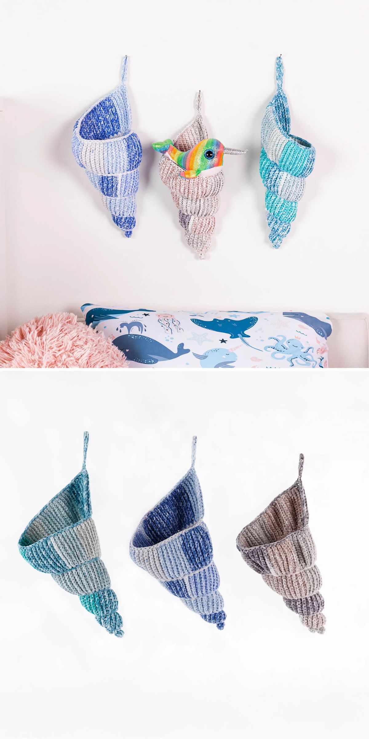 Three crocheted hanging storage pouches shaped like seashells are displayed on a wall; one holds a plush toy, while others are empty and shown in different colors.