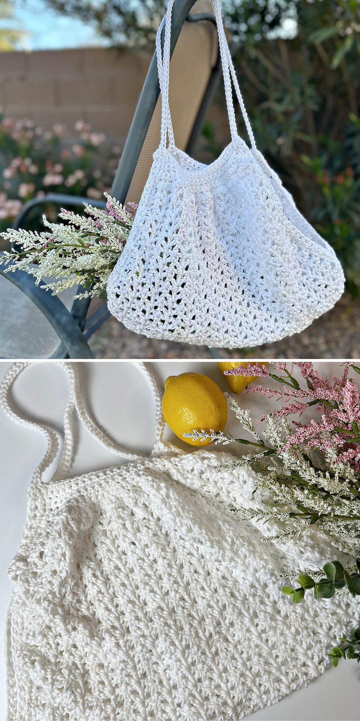 A white crocheted tote bag is shown hanging on a chair outdoors in the top image, and displayed flat with a lemon and flowers in the bottom image.