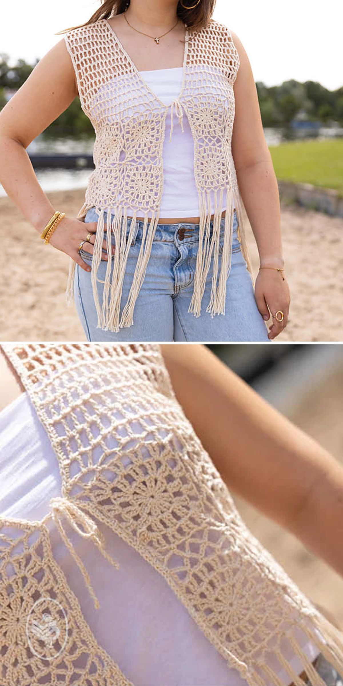 A woman wears a sleeveless beige crochet vest with fringe over a white top and light blue jeans; close-up shows the intricate crochet pattern and ties.
