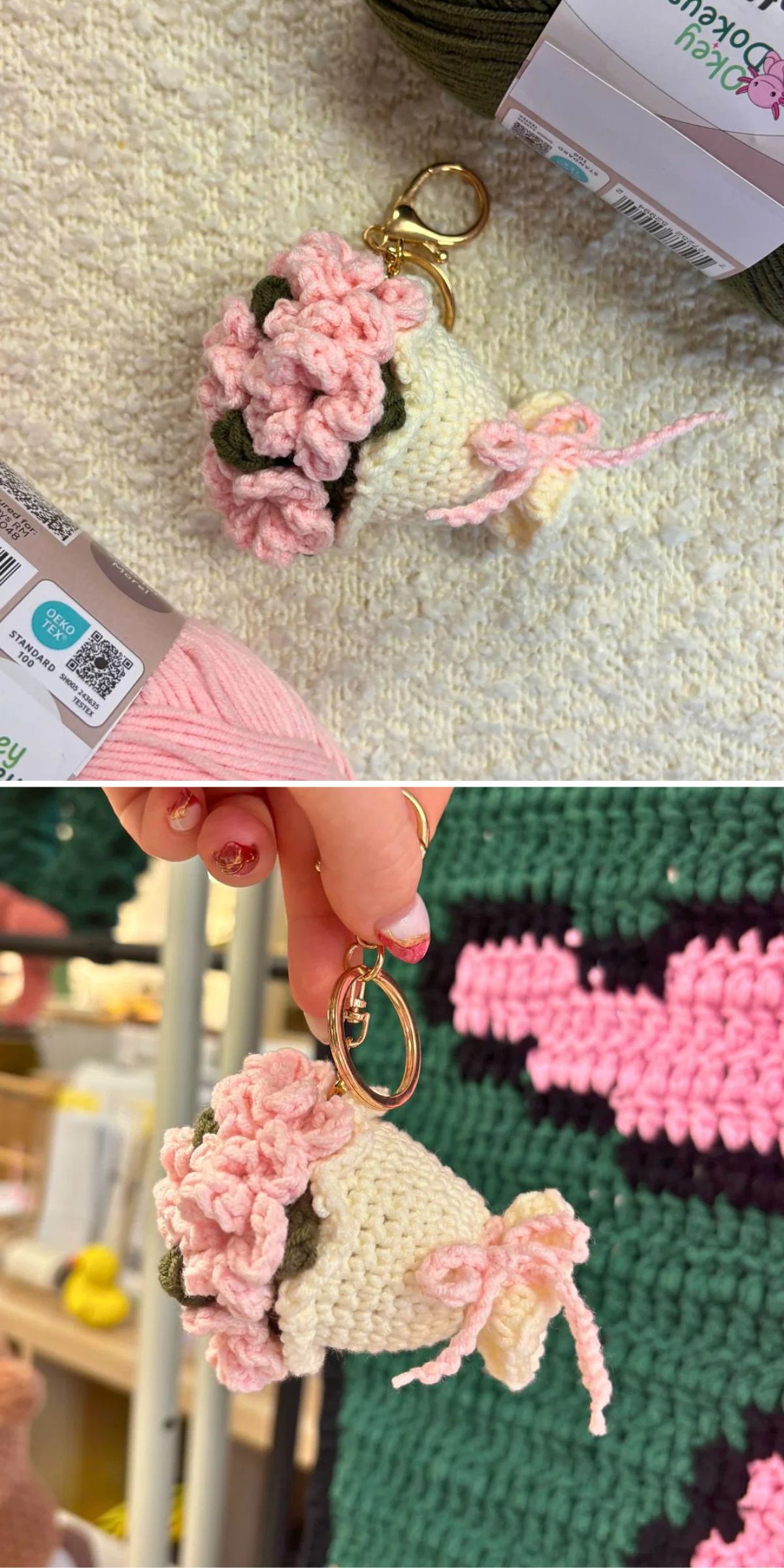 Two photos showing a crocheted keychain shaped like a small bouquet of pink flowers, displayed on a textured surface and being held by a hand.