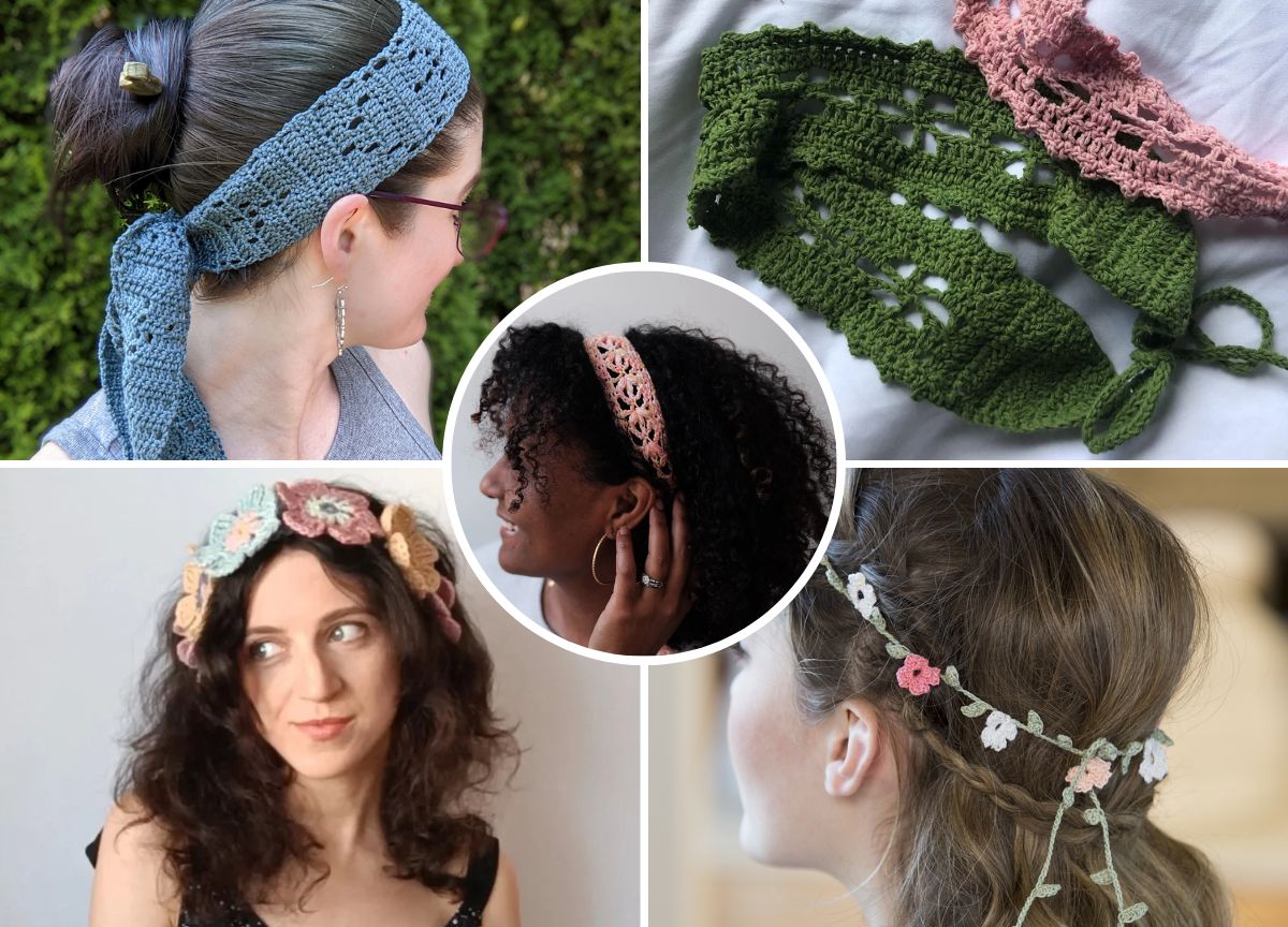 A collage of five women wearing different crocheted headbands in various colors and styles, with close-up views highlighting the crochet details.