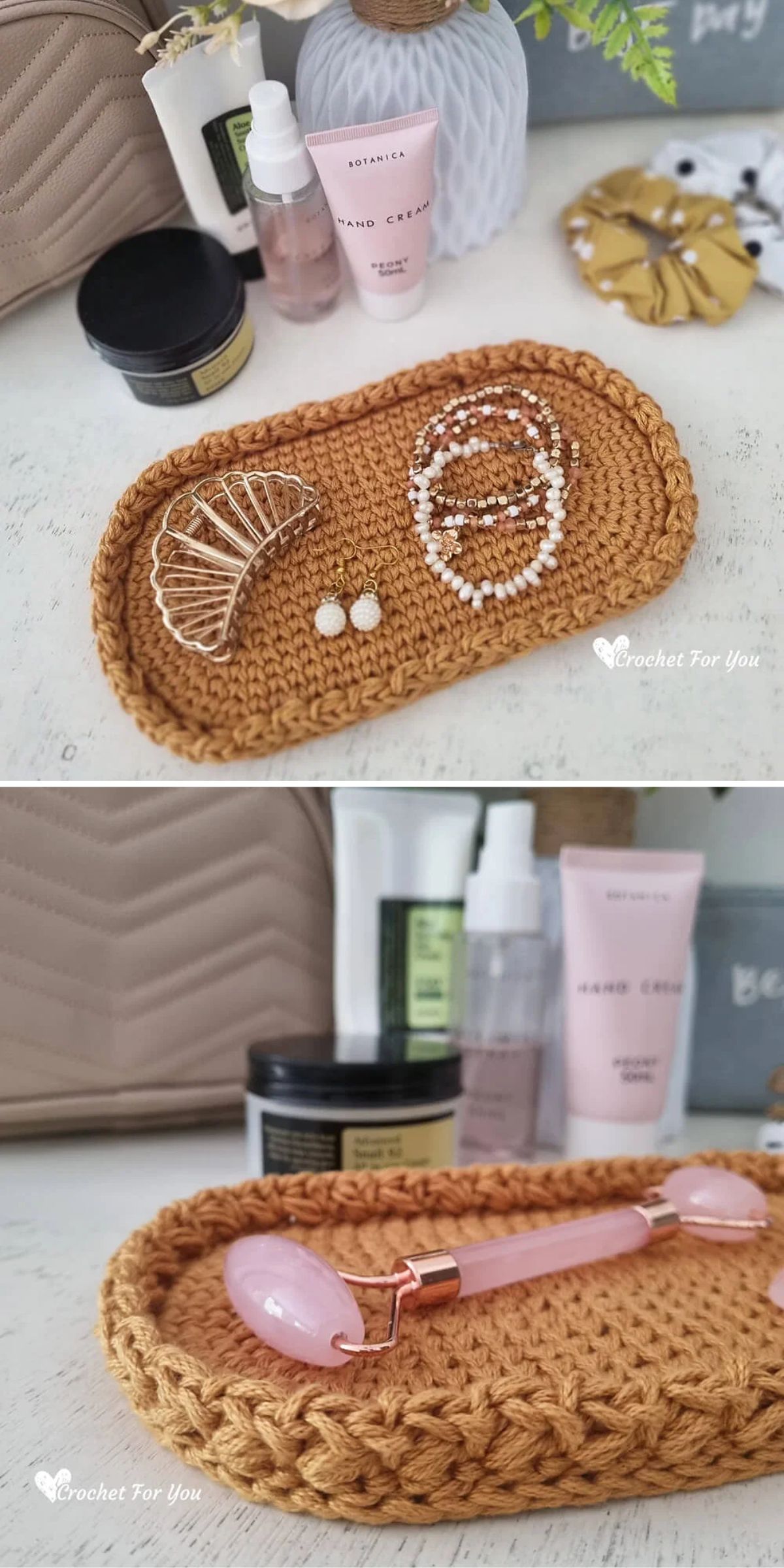 Two photos of a brown crocheted tray holding jewelry and a face roller, placed on a white surface with skincare products and a purse in the background.