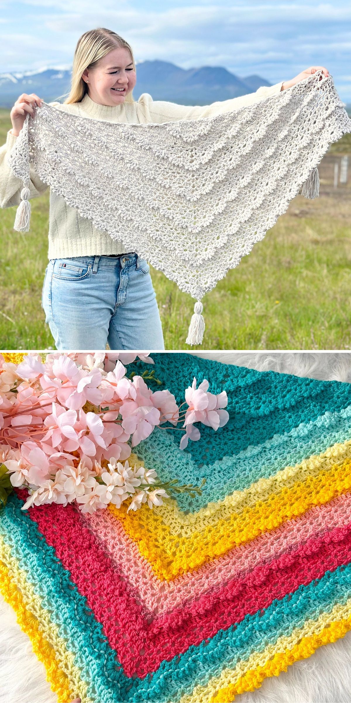 Top: Person holding a light-colored, textured crochet shawl outdoors. Bottom: Colorful, striped crochet shawl with pink flowers placed on it.