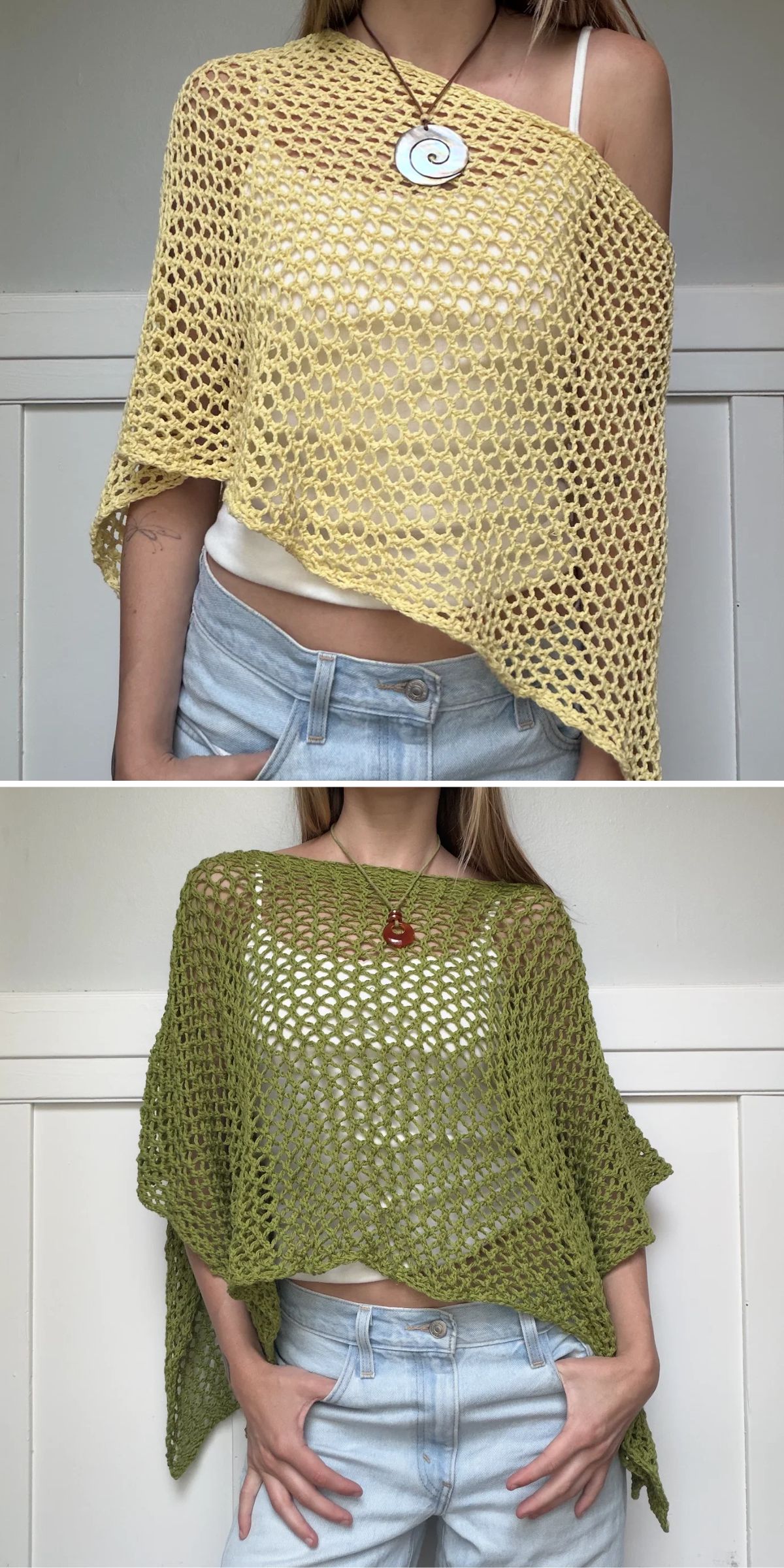 Two images of a person wearing knit mesh ponchos; the top poncho is yellow, the bottom poncho is green. Both are worn over a tank top and jeans.