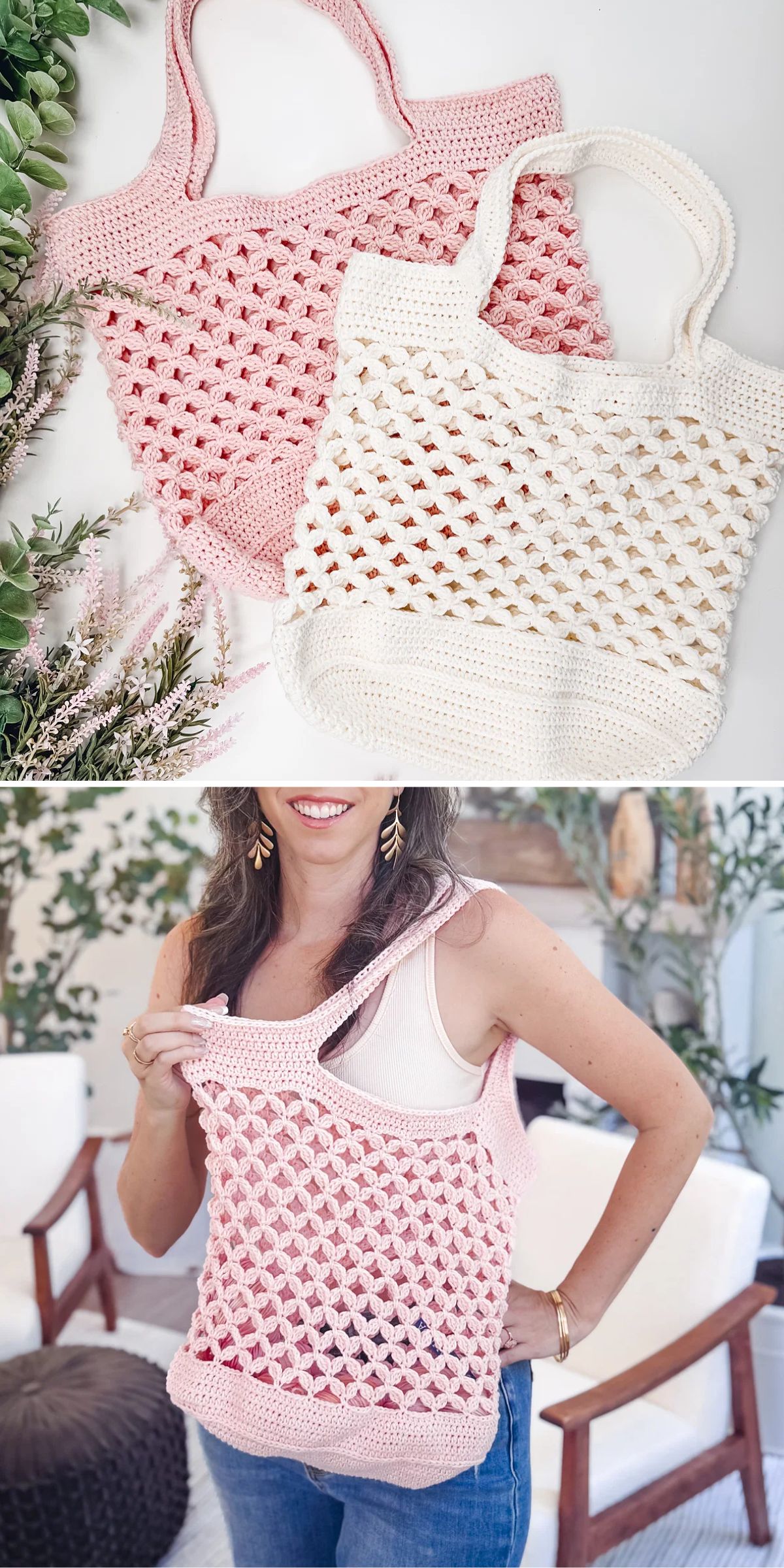 Two crocheted tote bags, one pink and one white, are displayed on a surface with greenery. A woman holds the pink bag while wearing a white tank top and blue jeans.