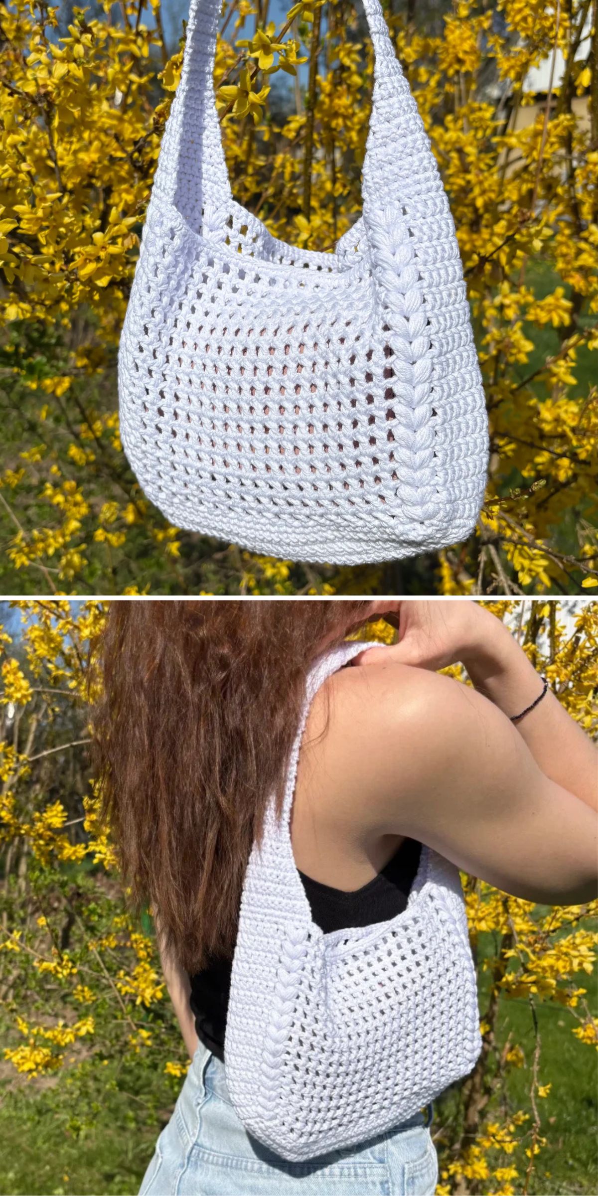 A white crocheted shoulder bag is shown hanging outdoors and being worn by a person with long brown hair in front of yellow flowering bushes.