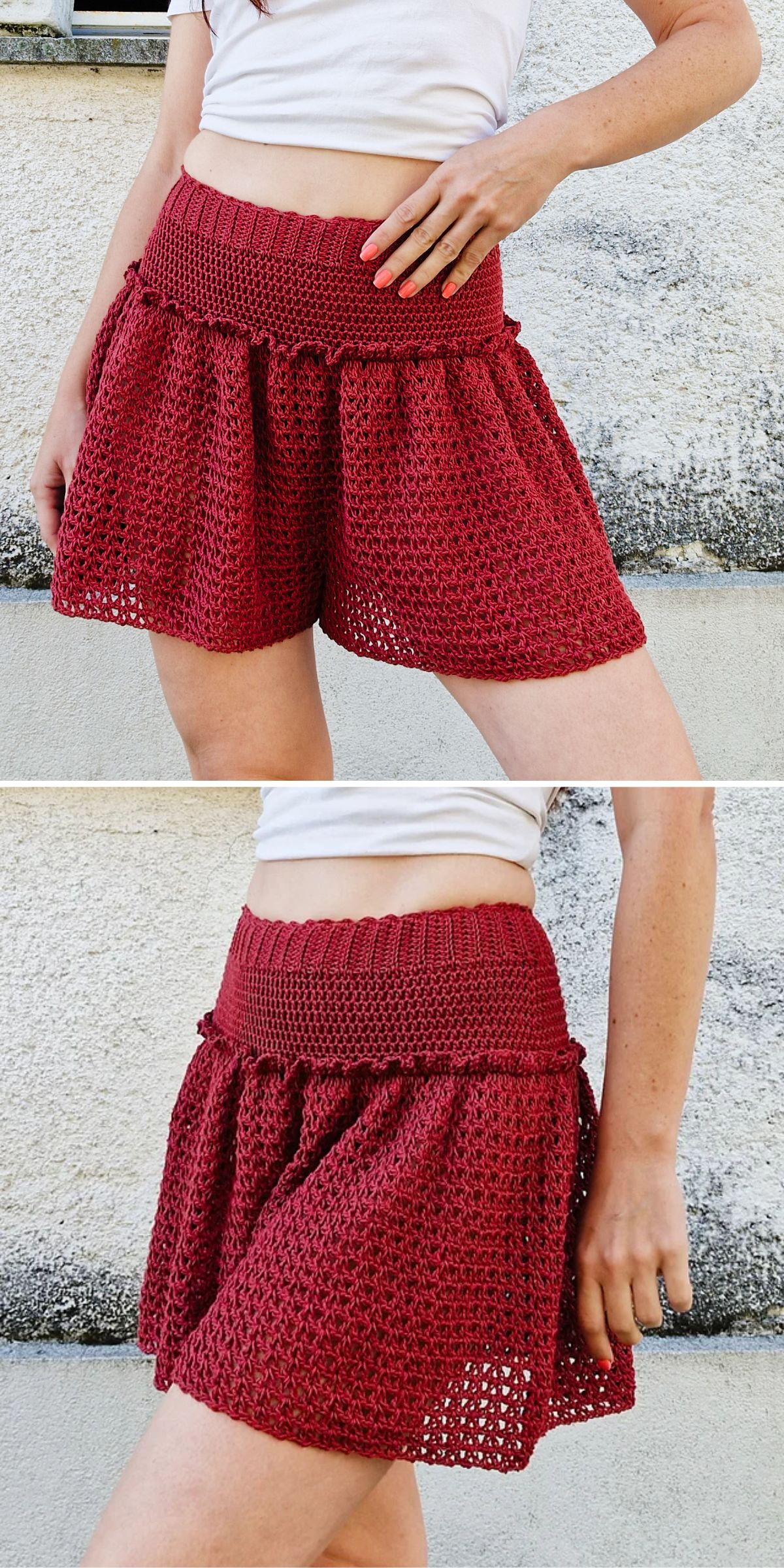 A person wearing a red, crocheted shorts with a high, ribbed waistband and a white top, standing against a textured wall.
