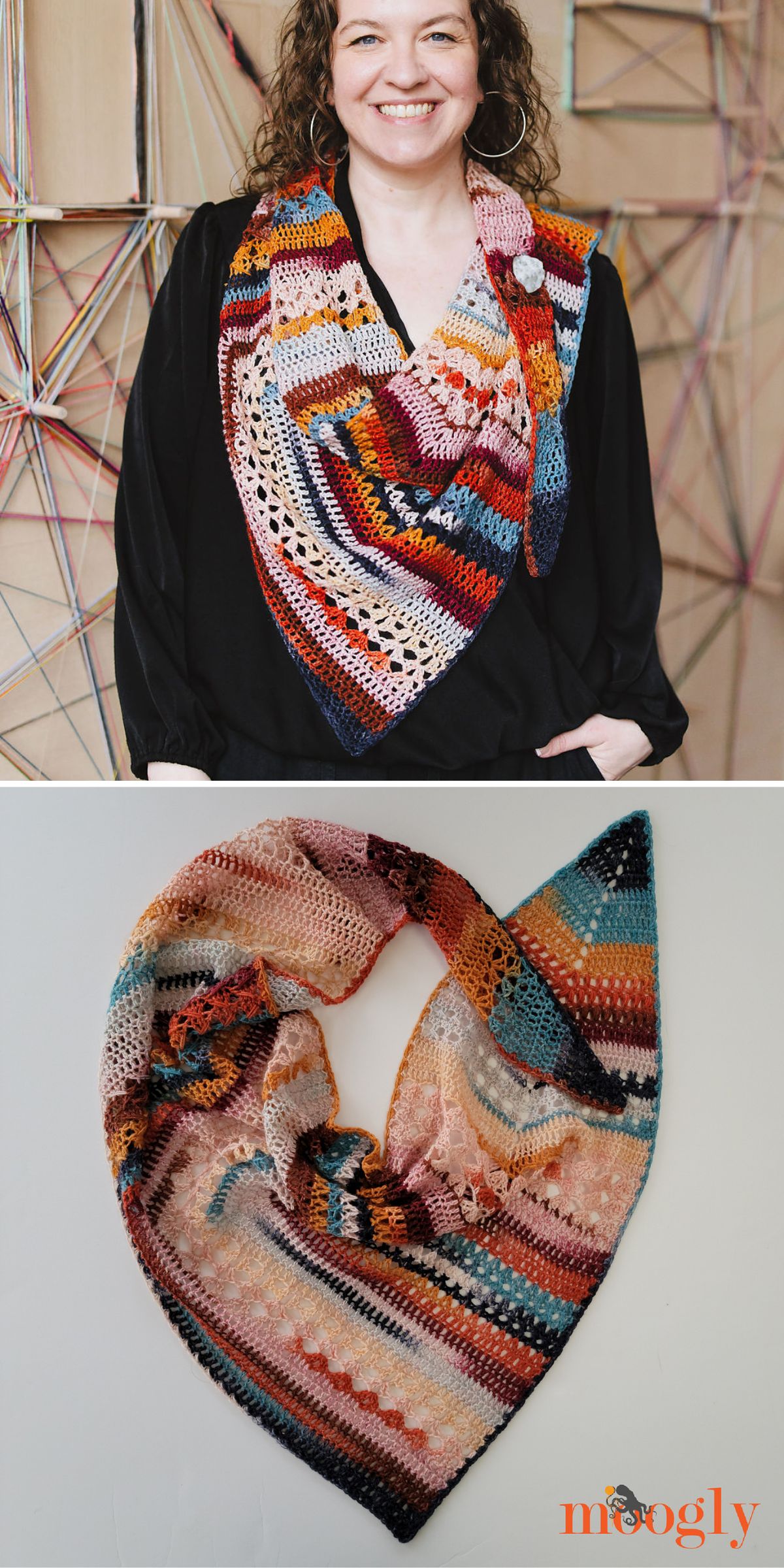 A woman wears a large, multicolored crocheted triangular shawl; a close-up below shows the shawl laid flat, highlighting its striped and textured pattern.