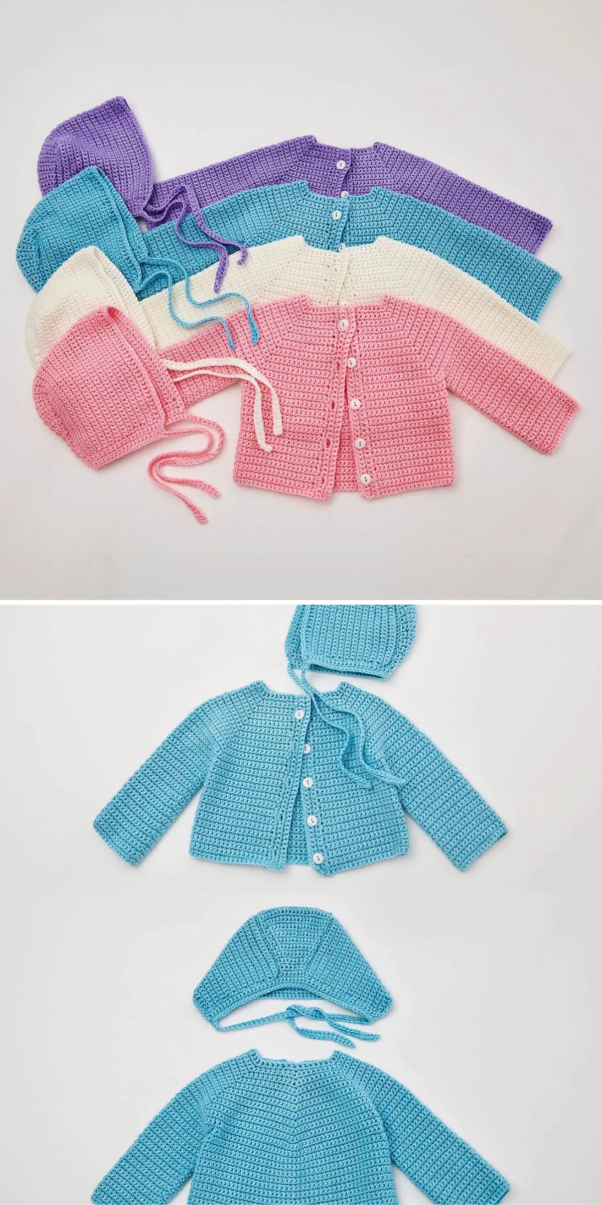 Three sets of knitted baby cardigans with matching bonnets in pastel colors: purple, blue, cream, and pink, displayed flat on a white background.