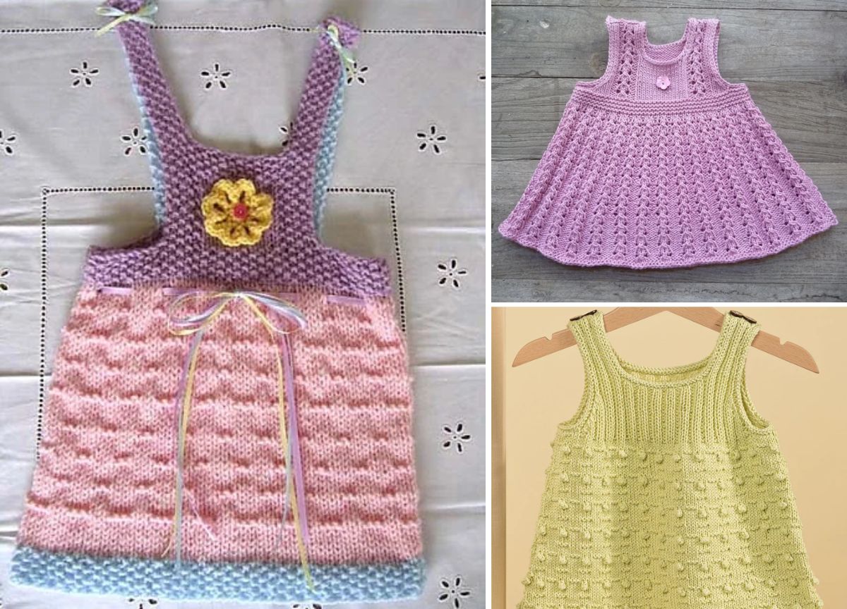 Three knitted baby dresses in pastel colors: one multicolored with a flower applique, one purple with a textured pattern, and one light green, all displayed flat or on hangers.