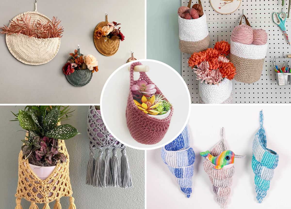 Collage of various crochet wall hanging baskets in different shapes, colors, and sizes, holding items like plants, yarn, flowers, and a toy bird.