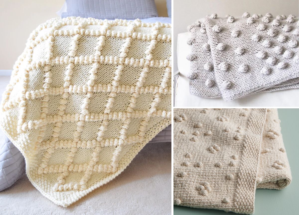 Three knit blankets featuring textured bobble patterns in neutral colors are displayed on beds and a flat surface.