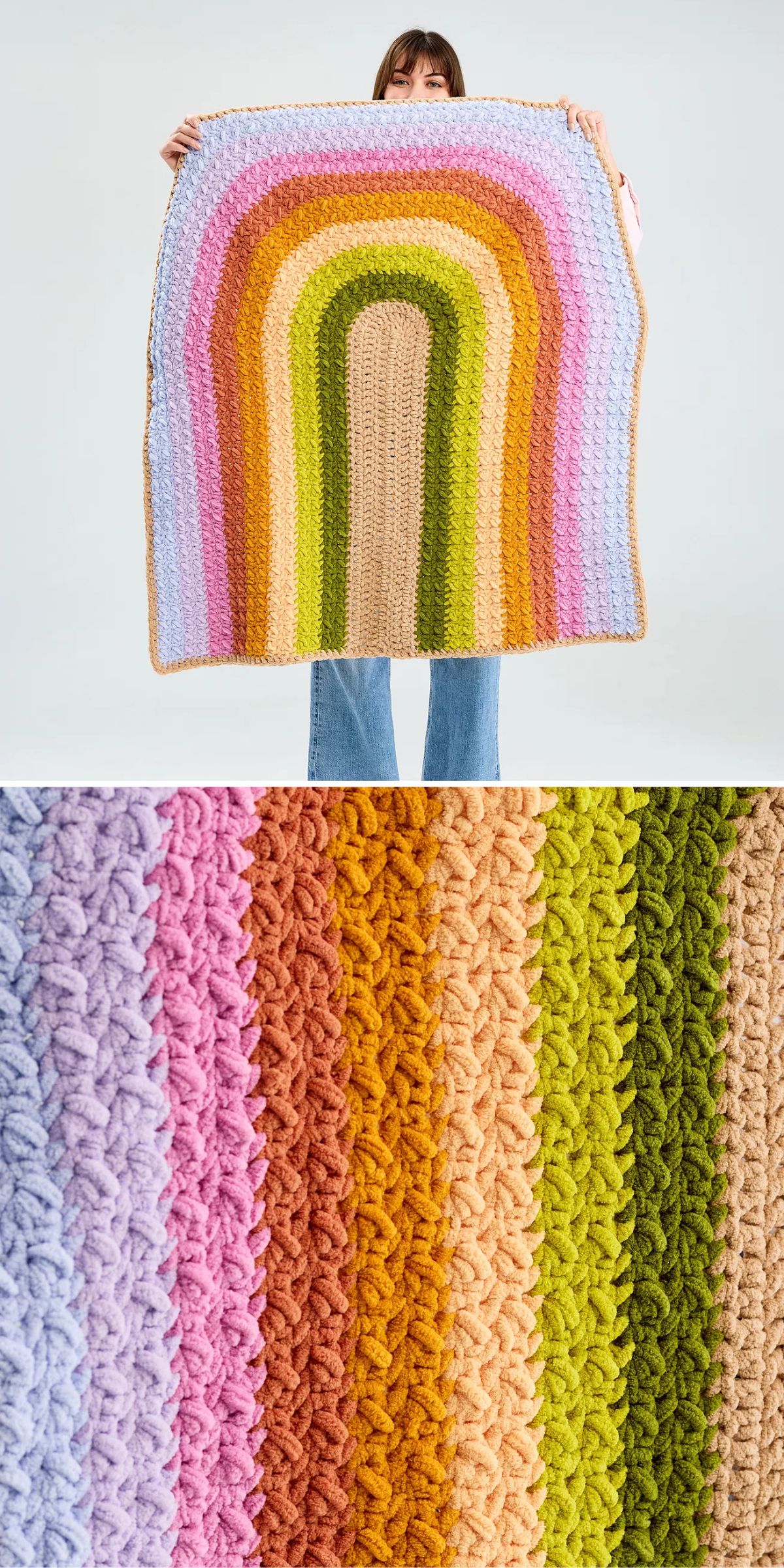 A person holds up a colorful crocheted blanket with a rainbow pattern in pastel shades; a close-up shows the detailed crochet stitches.