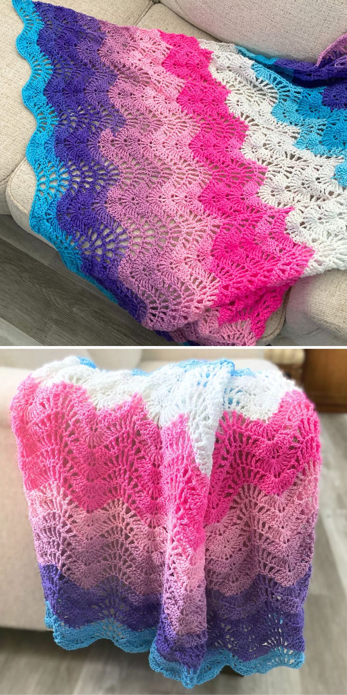 A crocheted blanket with a scalloped pattern in blue, pink, white, and purple draped over a light-colored couch.