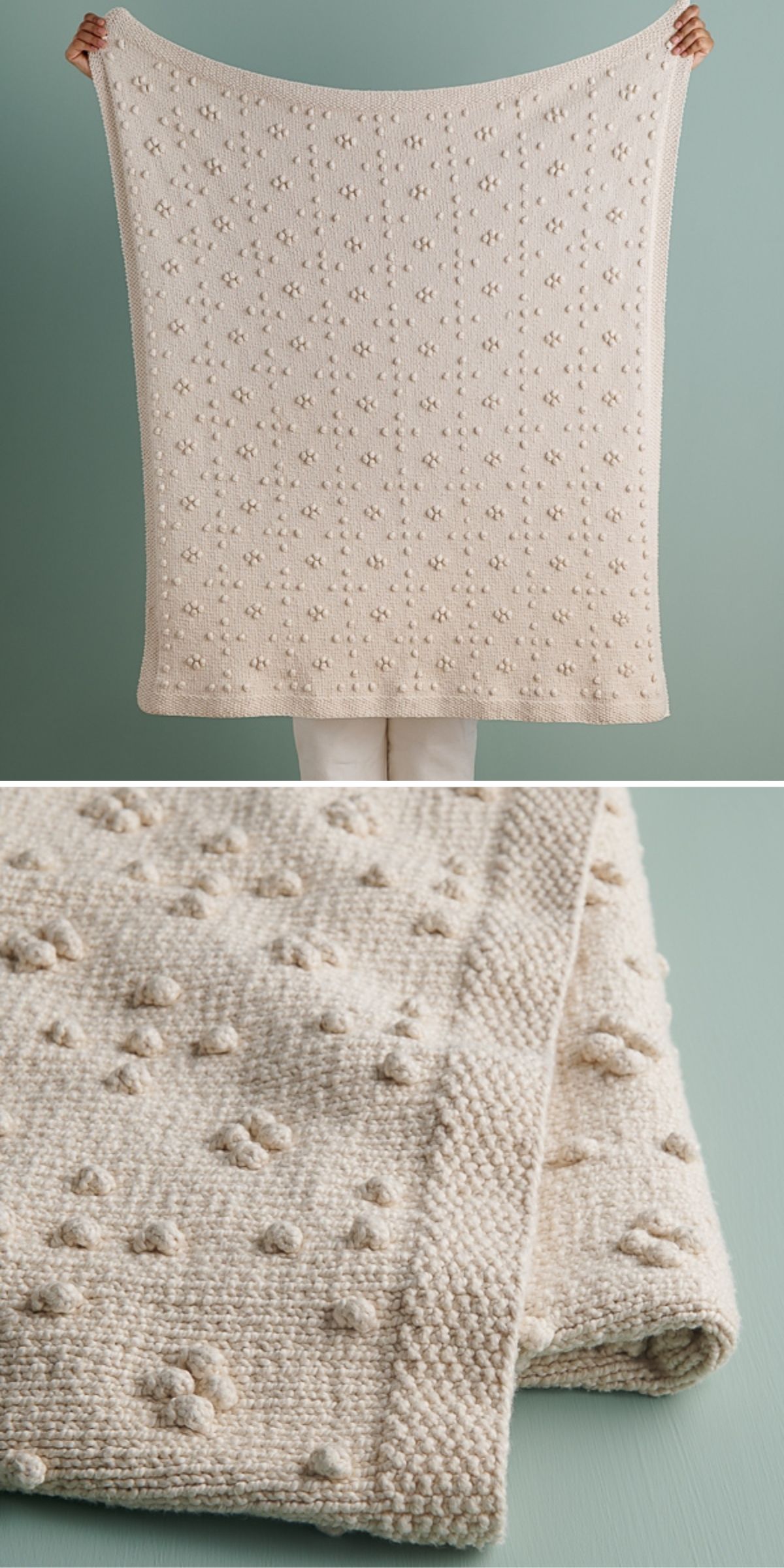 A person holds a cream-colored knitted blanket with a textured bobble pattern; a close-up shows the detailed knit and edging.
