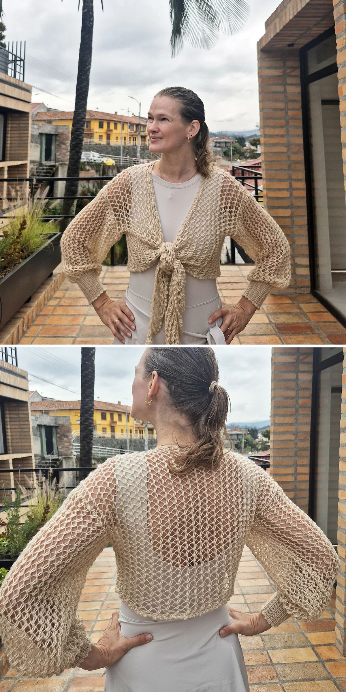 A woman stands on a brick balcony wearing a beige, loose-crochet, long-sleeve shrug; the first image shows the front, and the second shows the back of the garment.