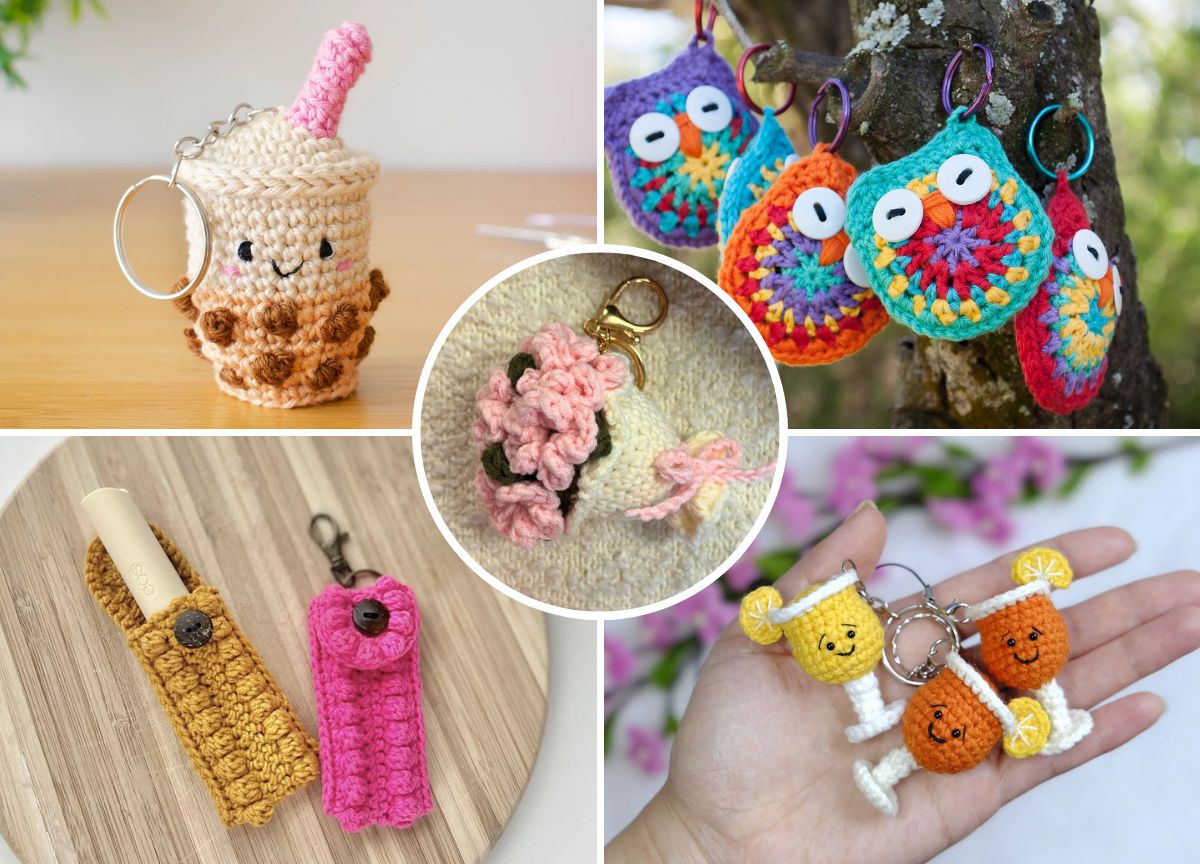A collage of crocheted keychains including a boba drink, colorful owls, dessert items, a bouquet, and utensil holders, all displayed on various backgrounds.