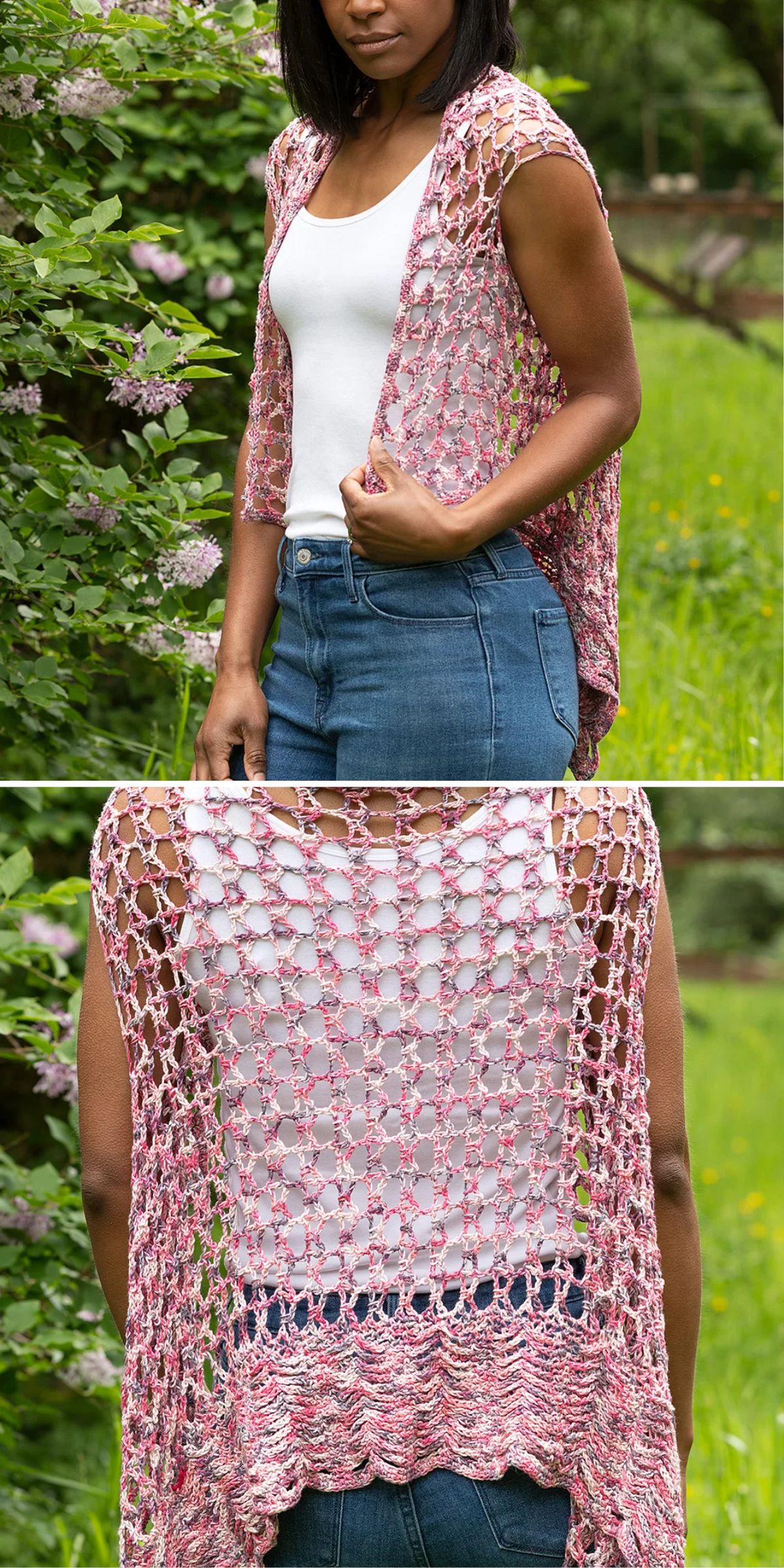 A woman wearing a sleeveless, open-crochet pink and white vest over a white tank top and jeans, standing outdoors near greenery.