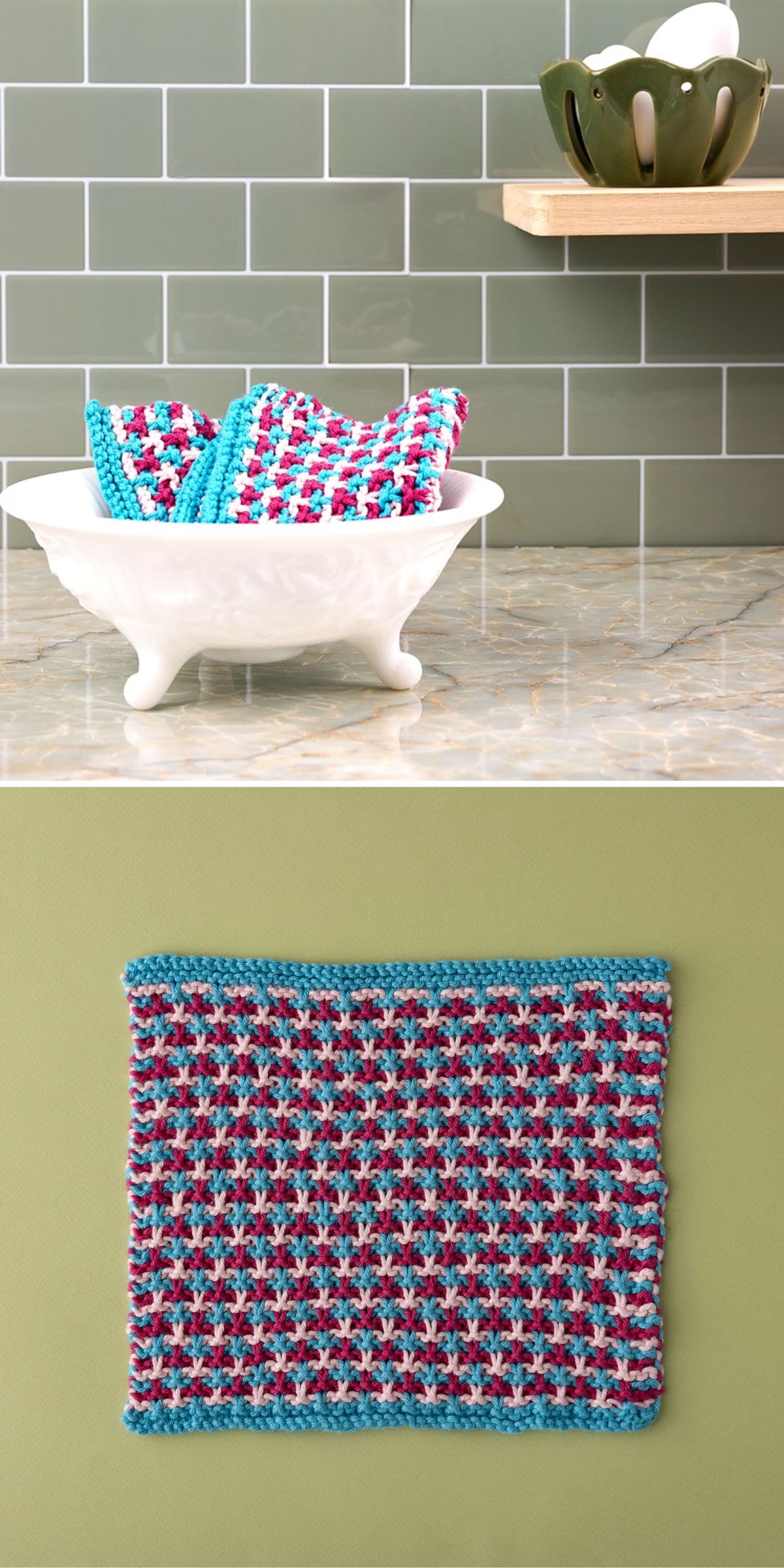 Two crocheted washcloths with a blue, pink, and white pattern are displayed in a white dish; one washcloth is shown flat on a green background.