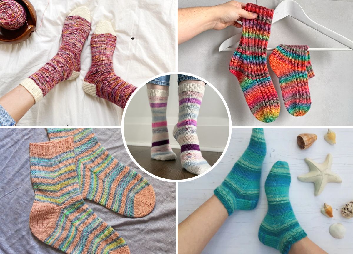 A collage of colorful, patterned knit socks in various styles and color schemes, shown worn, displayed flat, and hanging on a hanger.