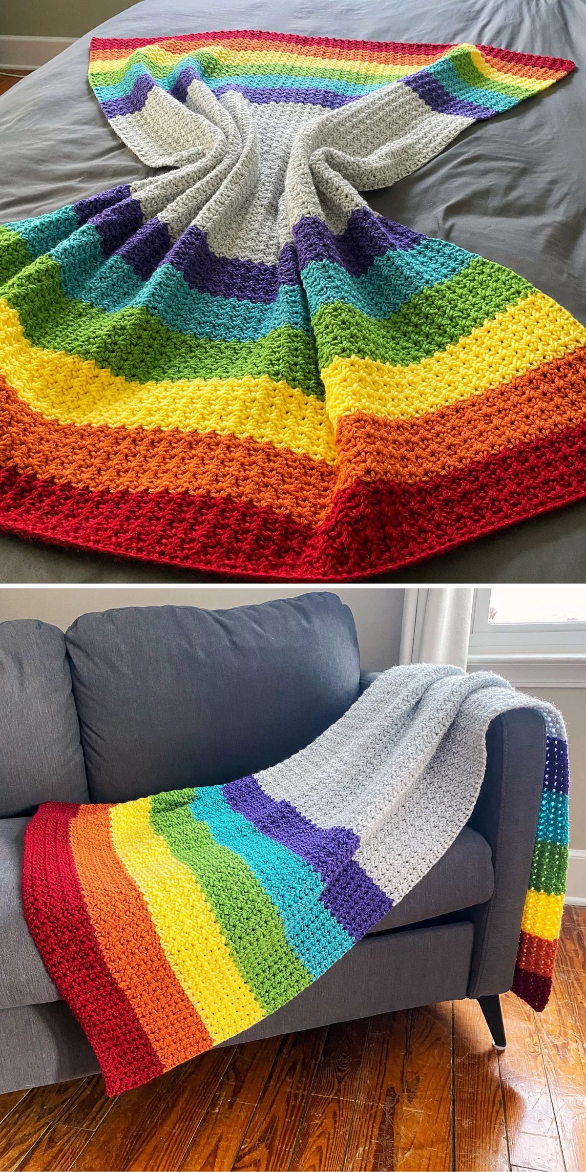 A crocheted blanket with horizontal rainbow stripes and a gray section is displayed on a bed and draped over a gray sofa.