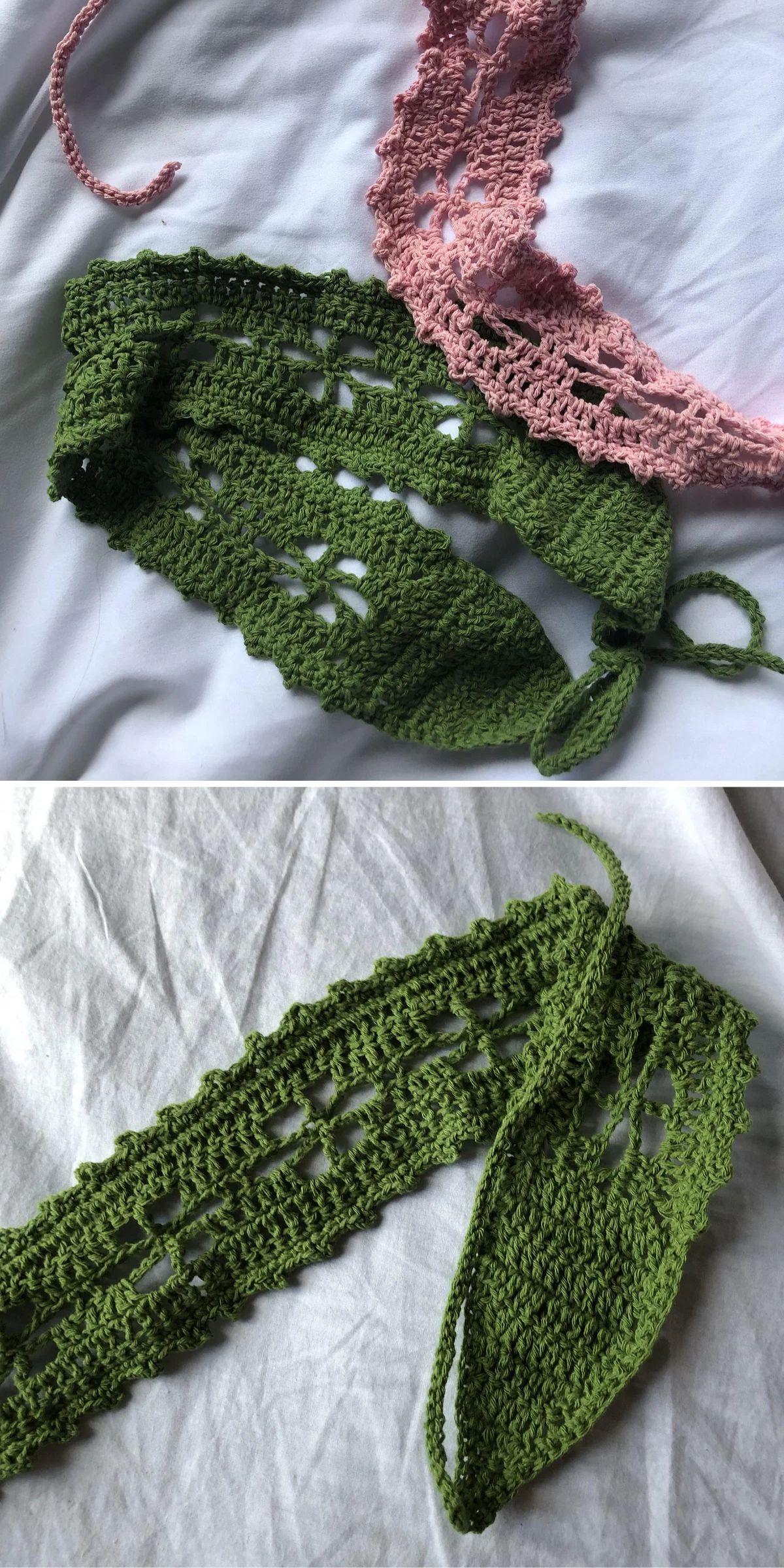 Two crocheted headbands, one green and one pink, are displayed on a white fabric backdrop. The green headband features an openwork floral pattern.