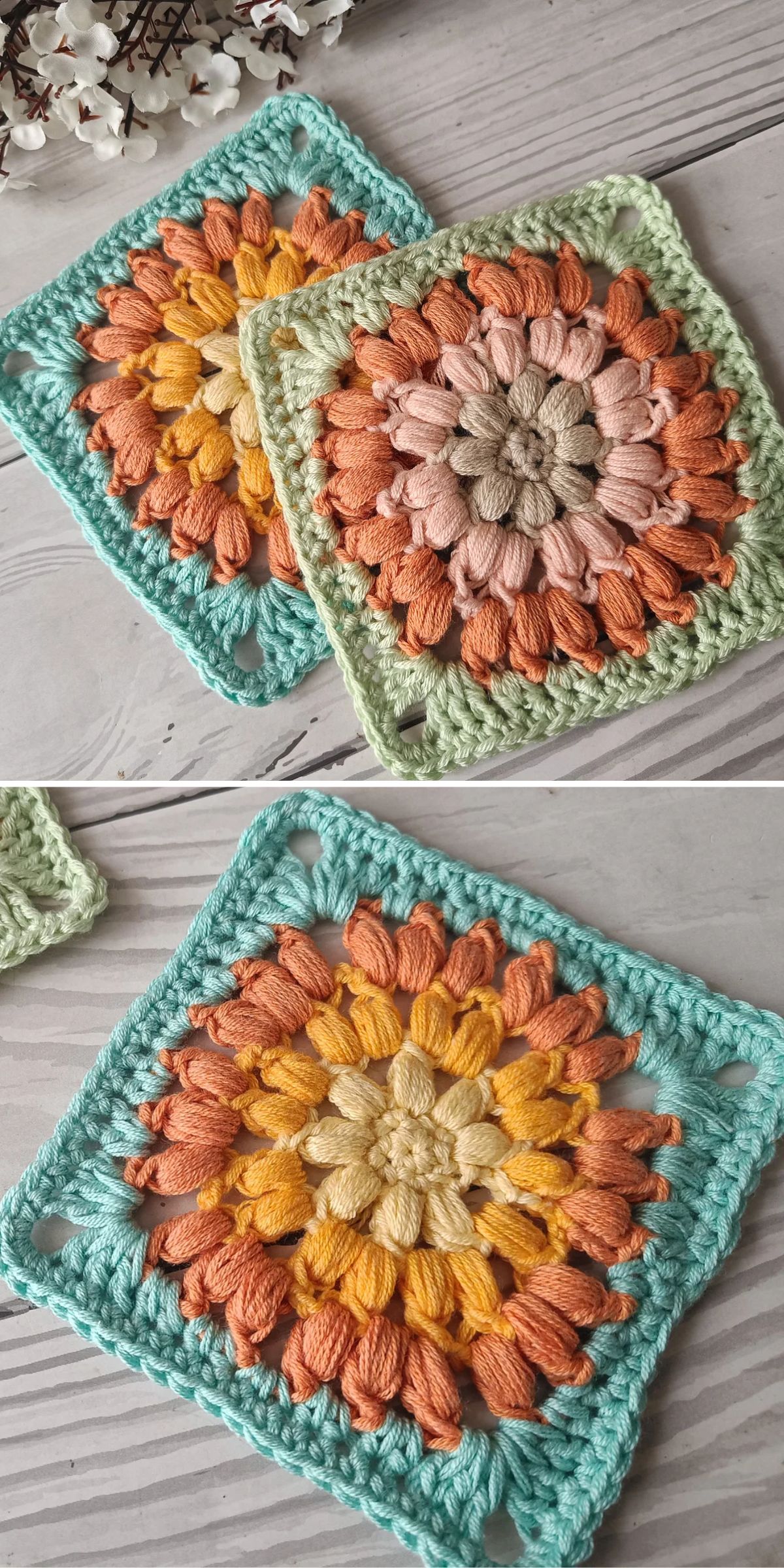 Two handcrafted crochet granny squares with floral patterns in orange, yellow, pink, and green yarn, displayed on a light wooden surface.