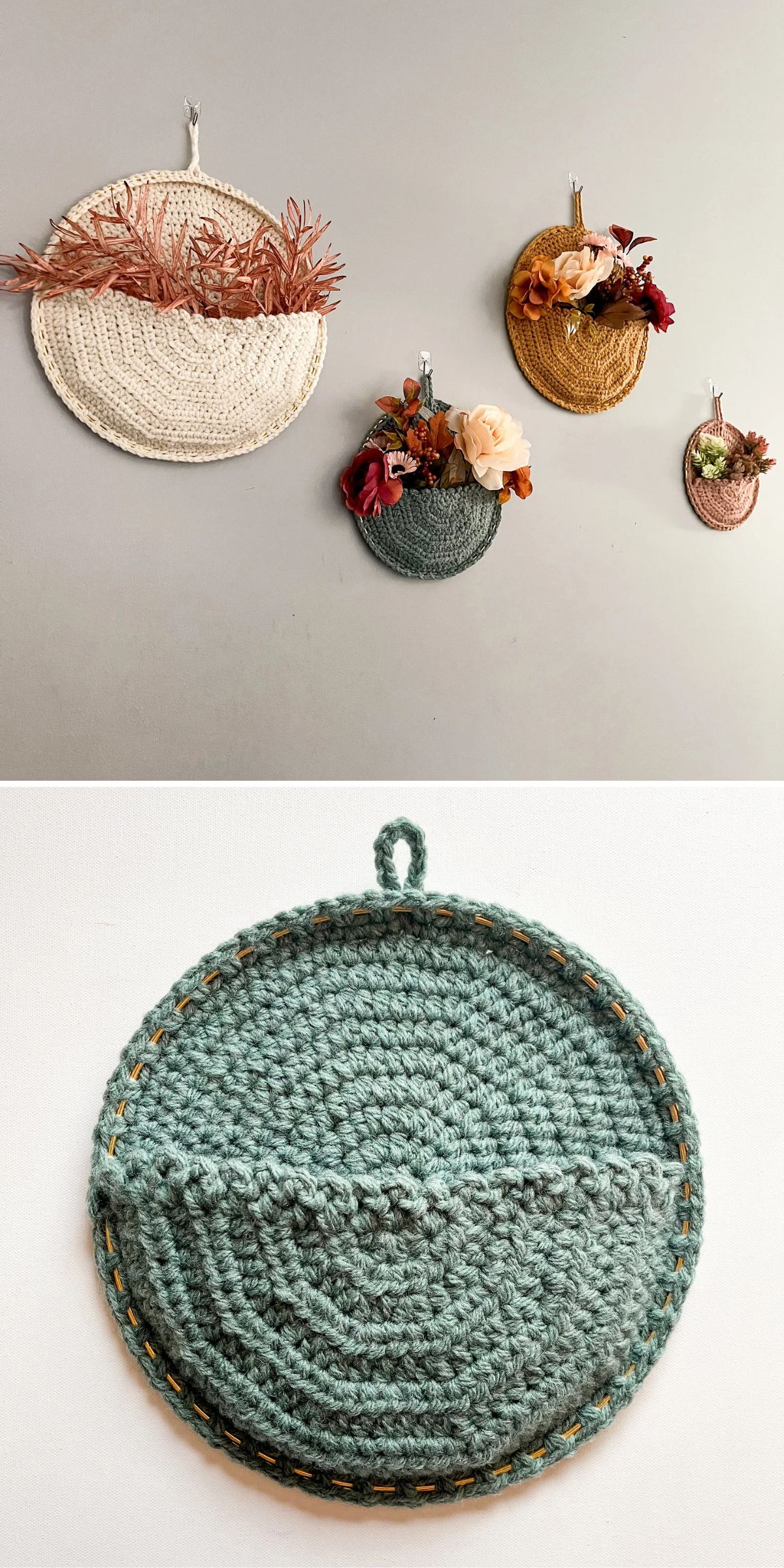 Four round crocheted wall pockets in various sizes and colors are displayed on a wall, with some filled with artificial flowers and leaves; close-up shows a green pocket.