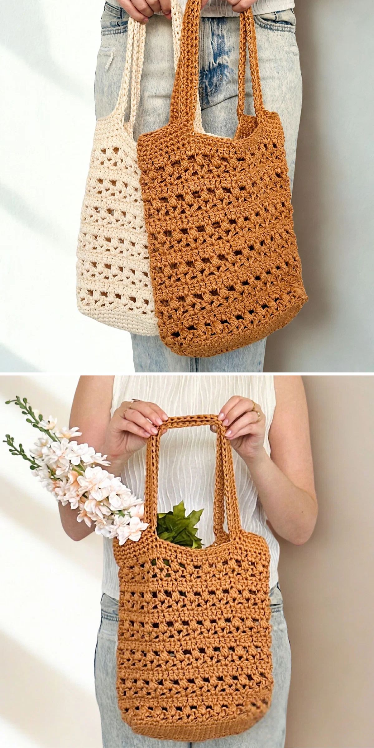 Two images show crochet tote bags: the first image has a person holding two bags in beige and brown, while the second image shows a person holding a brown crochet bag with flowers inside.