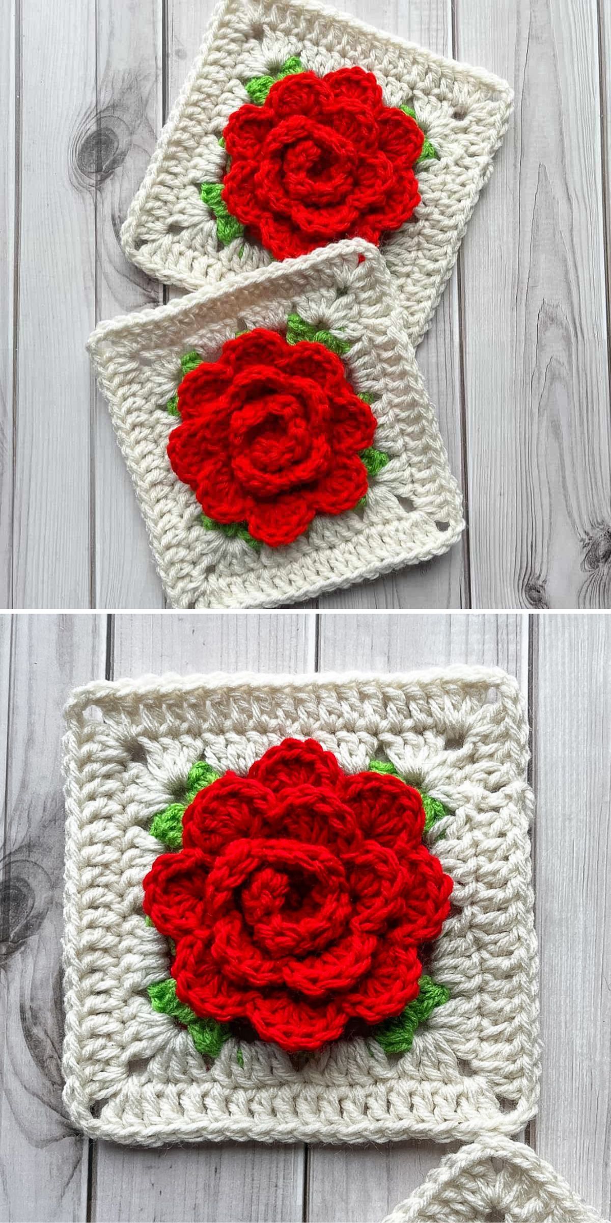 Crocheted granny squares with a red rose and green leaves in the center, bordered by white yarn, displayed on a wooden surface.