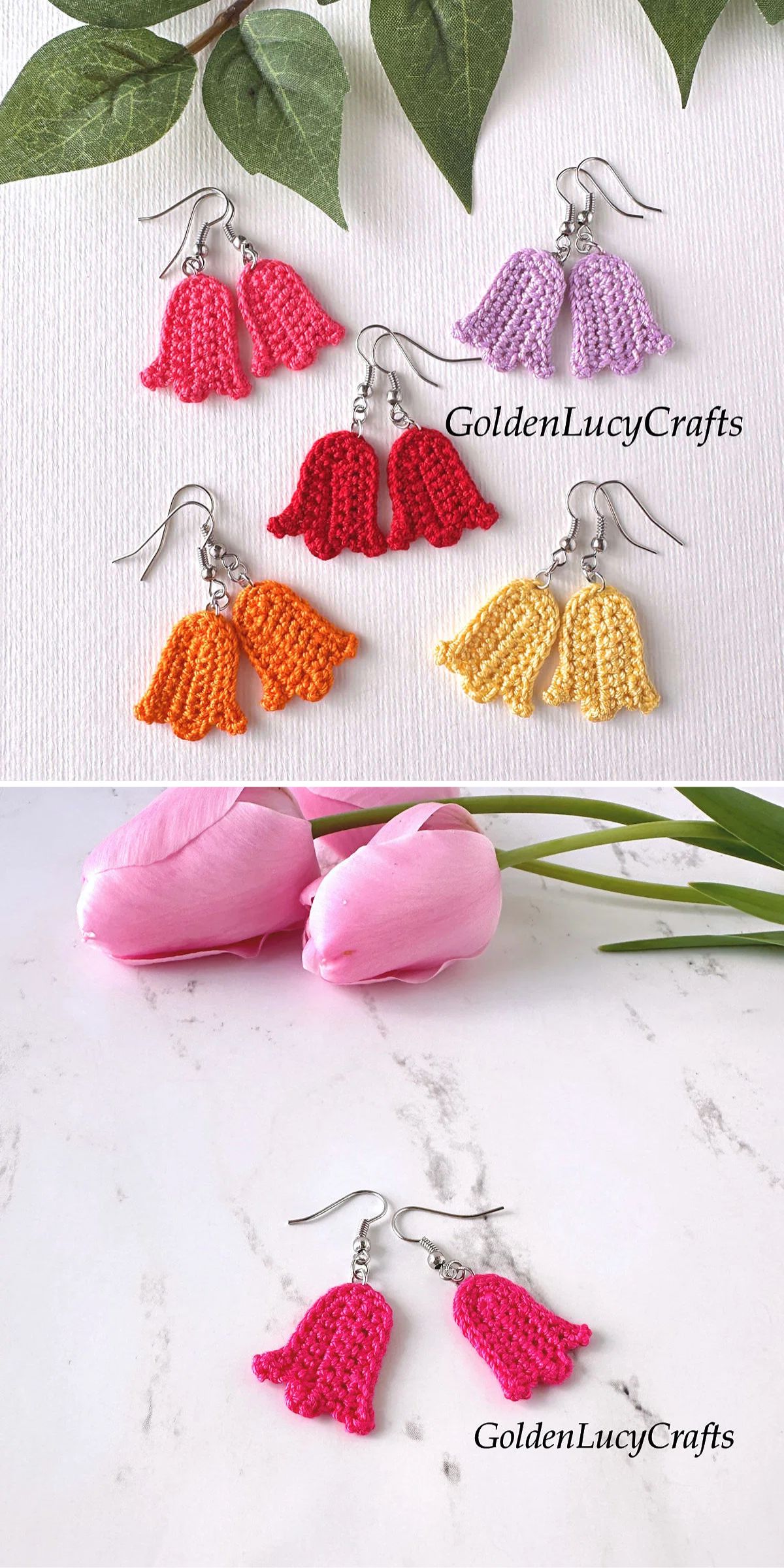 Crocheted bell flower earrings in pink, red, orange, yellow, and purple displayed on a white background, with leaves and pink tulips as decoration.