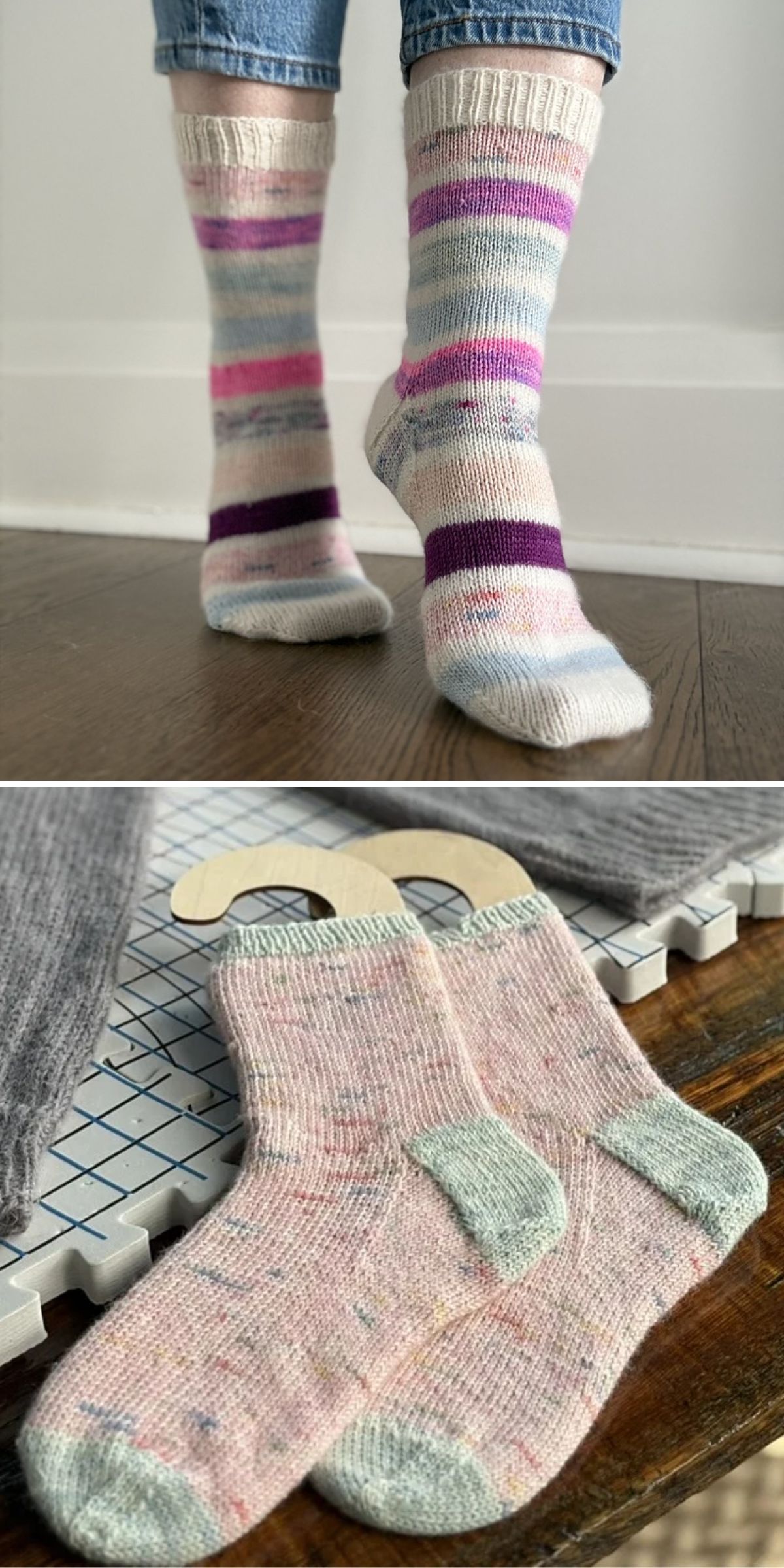 Two photos: striped hand-knit socks in pink, purple, and blue worn on feet, and a pair of small plain knit socks on wooden sock blockers atop a blocking mat.