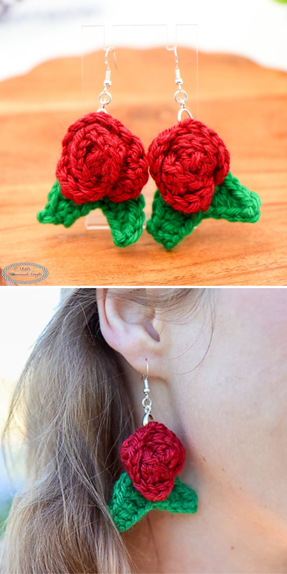Two images: The first shows red crocheted rose earrings with green leaves on a wooden surface; the second shows one earring worn on a person's ear.