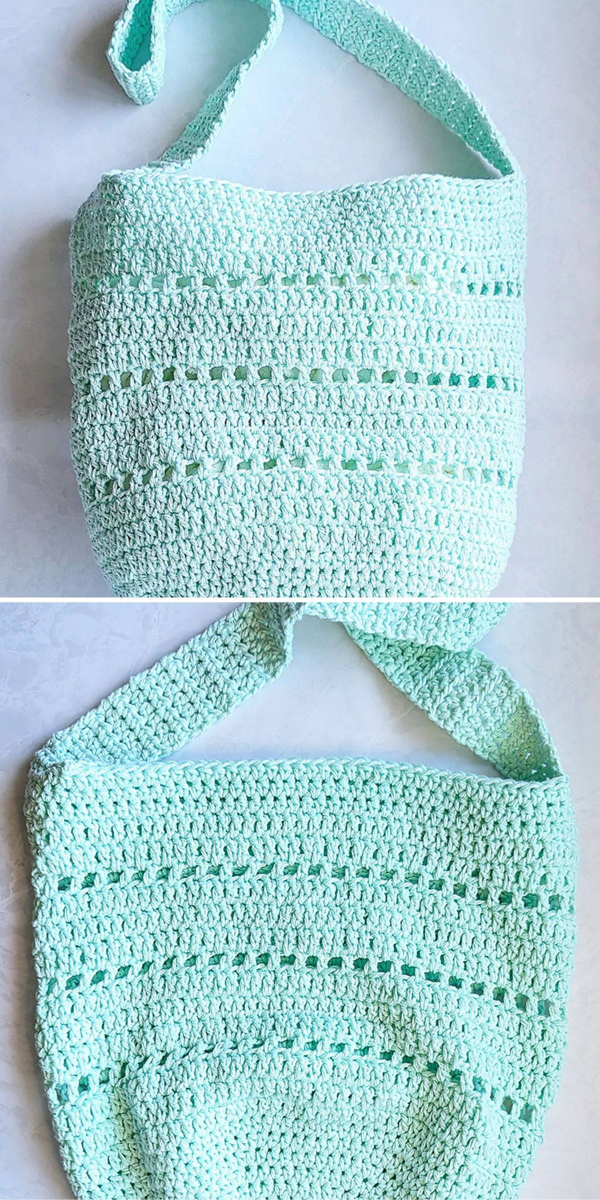 Two photos of a light green crocheted shoulder bag with a textured pattern and a wide strap, shown from different angles on a plain surface.