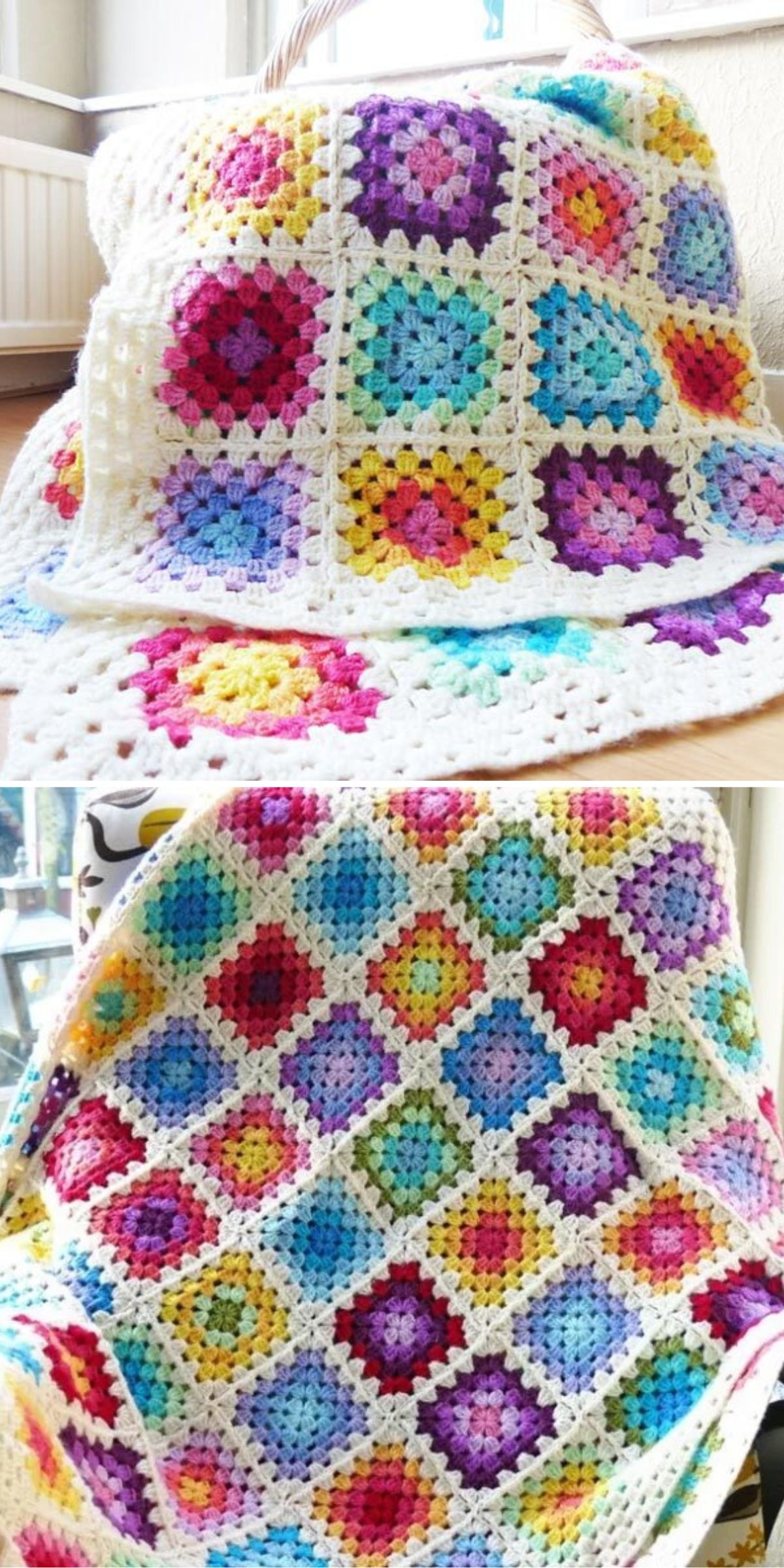 A crocheted blanket made of colorful granny squares bordered with white yarn, draped over furniture in natural light.