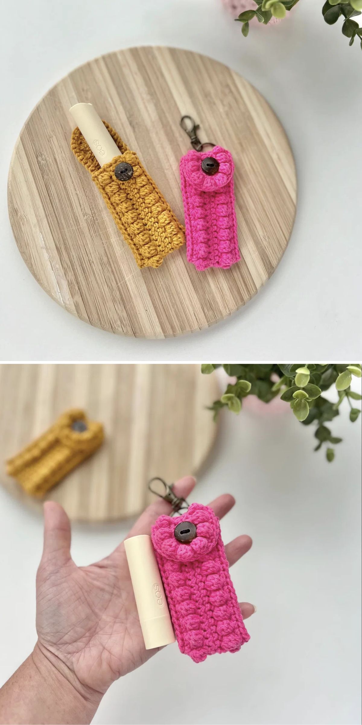 Two crocheted lip balm holders, one yellow and one pink, are displayed on a round wooden board. The pink holder is shown separately in a hand with a lip balm tube beside it.