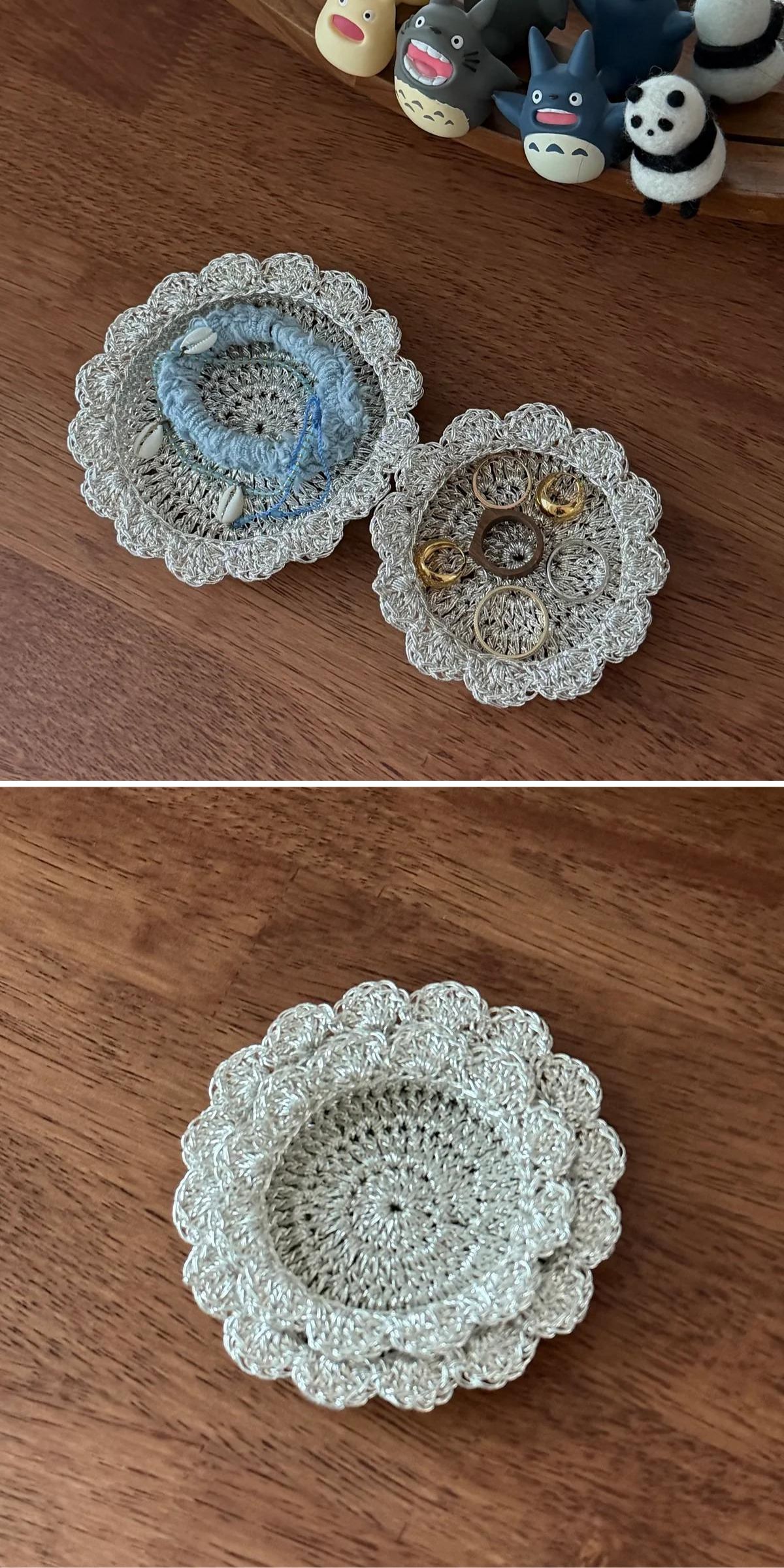 Two crocheted doily dishes on a wooden table, one holding jewelry and a bracelet. Figurines are visible in the background of the top image.