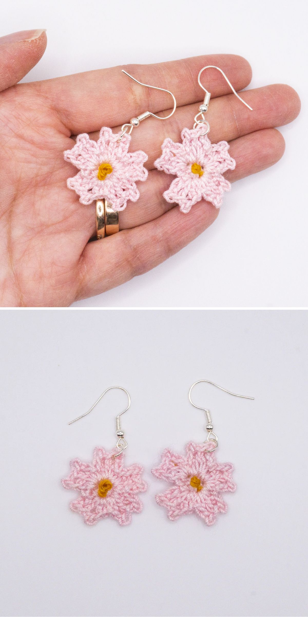 Two images of pink crocheted flower earrings with yellow centers and silver hooks, shown once resting on a hand and once laid flat on a white background.