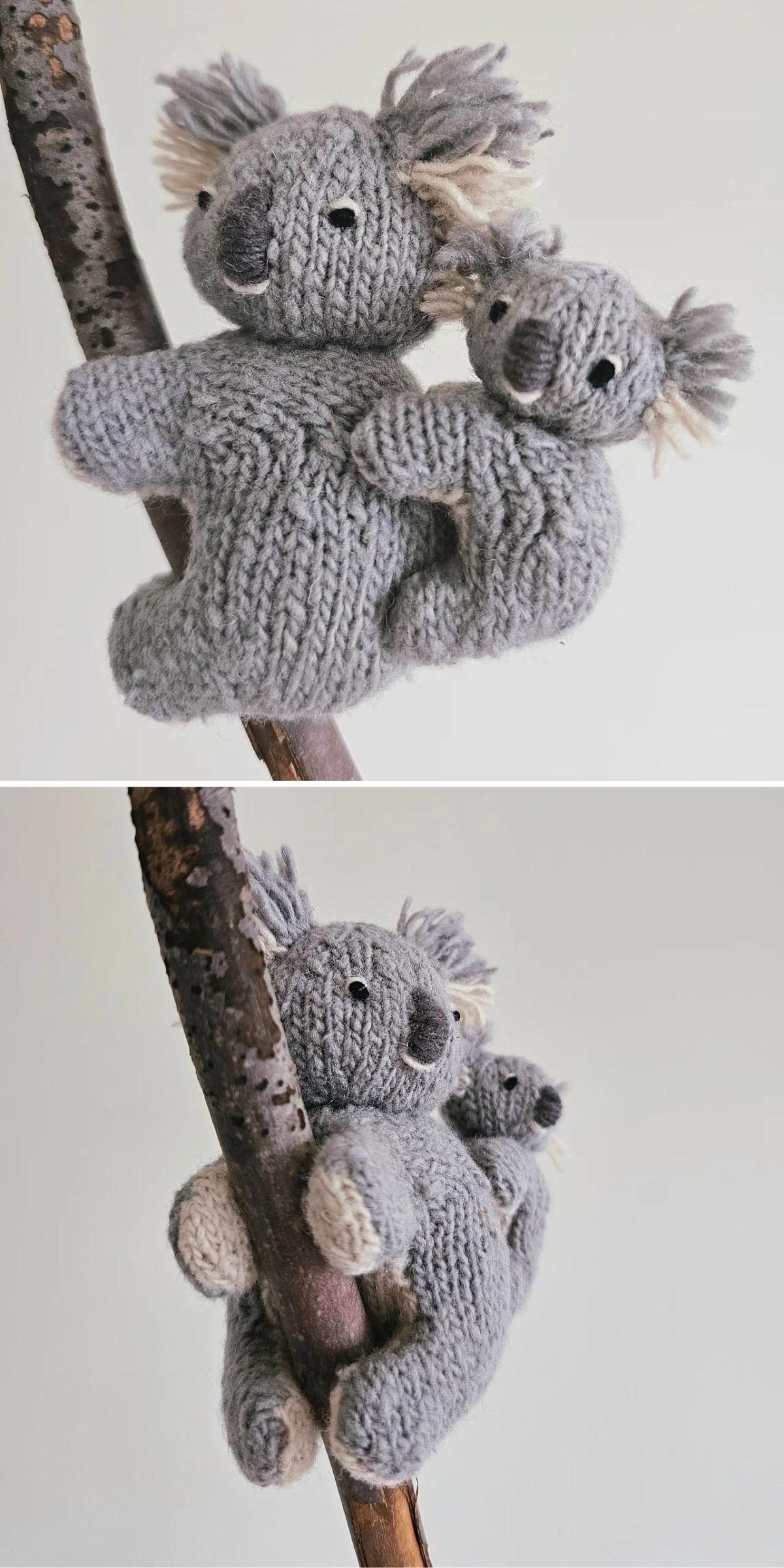 Two knitted grey koalas, one large and one small, cling to a branch against a plain background. The larger koala is holding the smaller one.