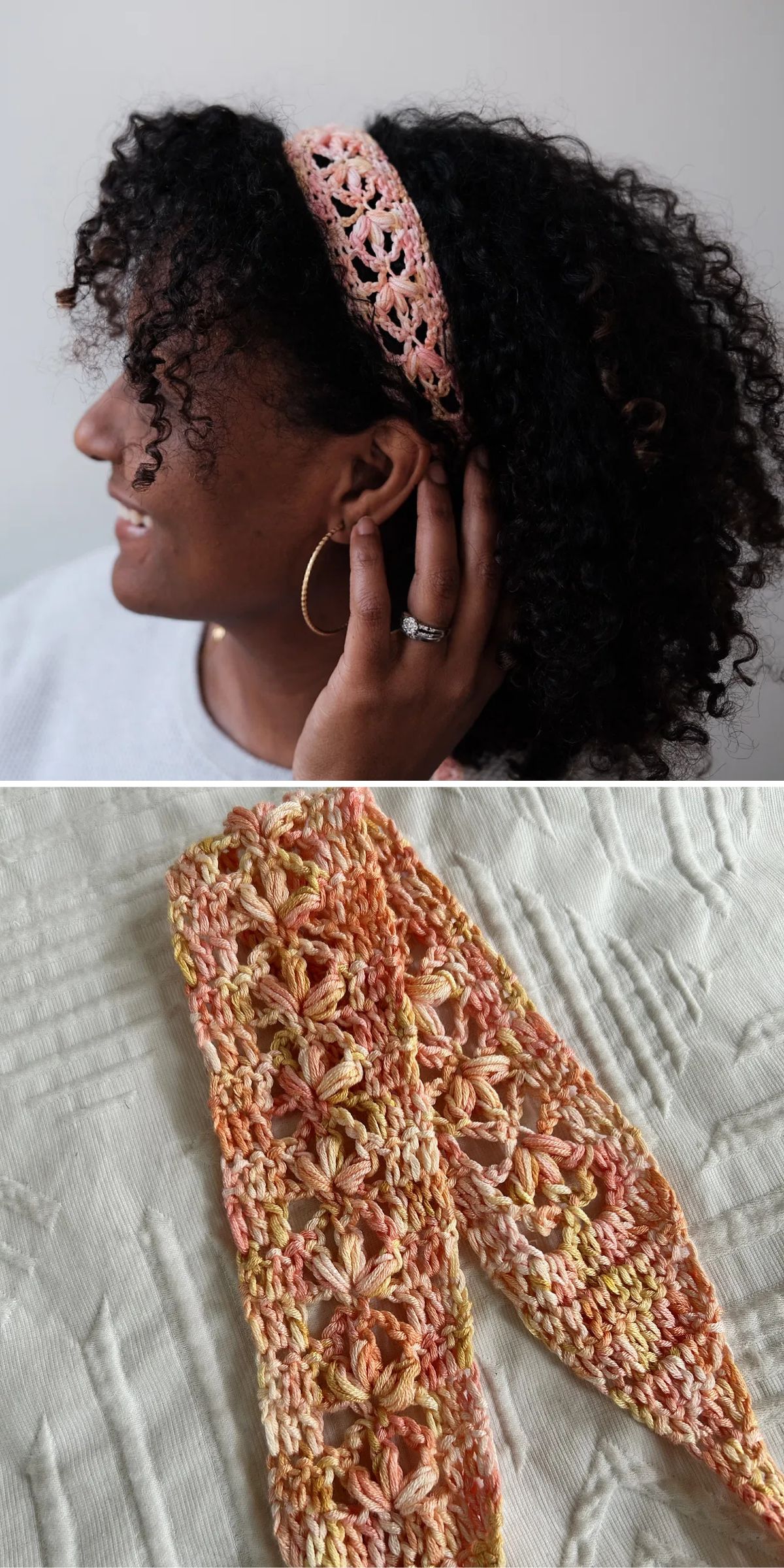 A person wearing a pink and yellow crocheted headband with a floral pattern; close-up of the headband laid flat on a white fabric.