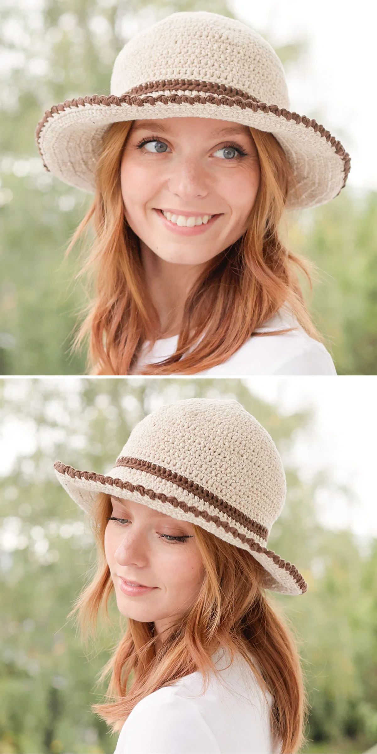Two photos of a woman with long red hair wearing a beige crocheted sun hat with a brown stripe, shown smiling in the top image and looking down in the bottom image.