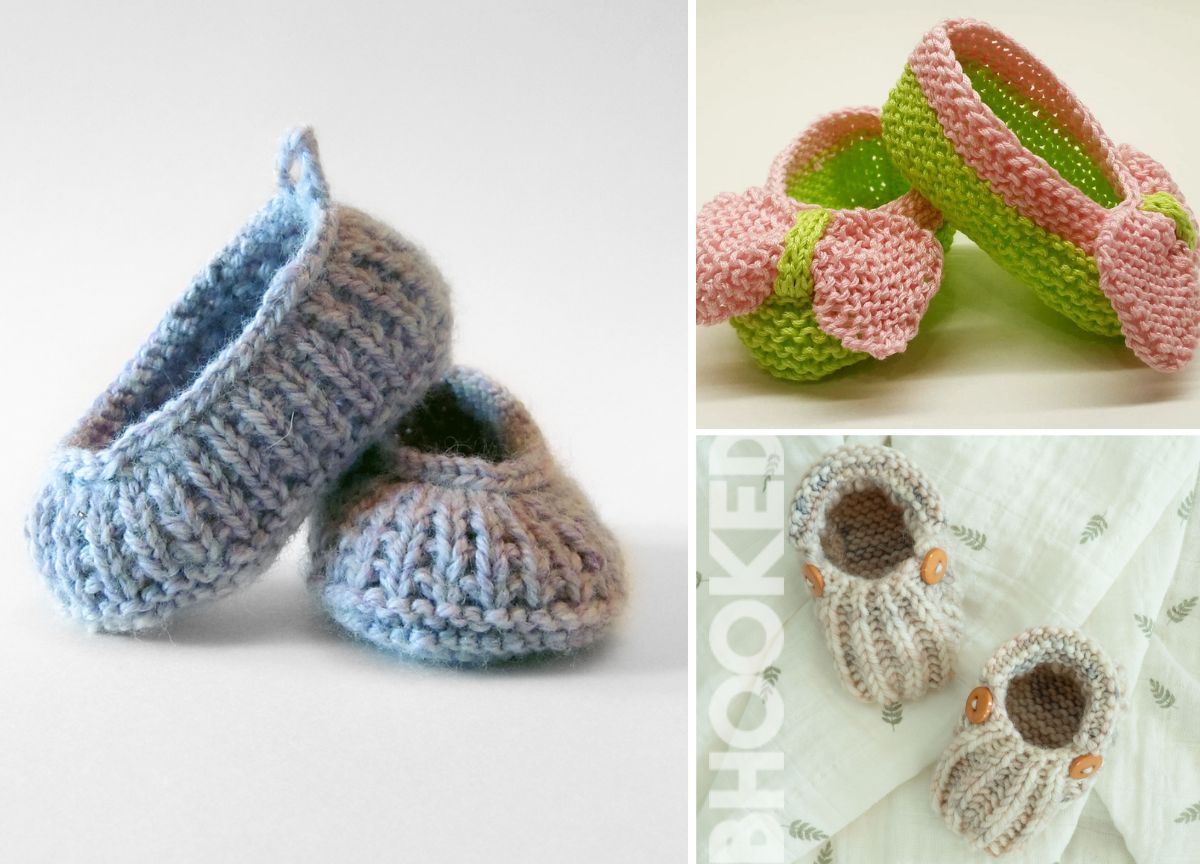Three pairs of knitted baby booties in different styles and colors: blue, pink and green with bows, and cream with brown stripes and buttons.