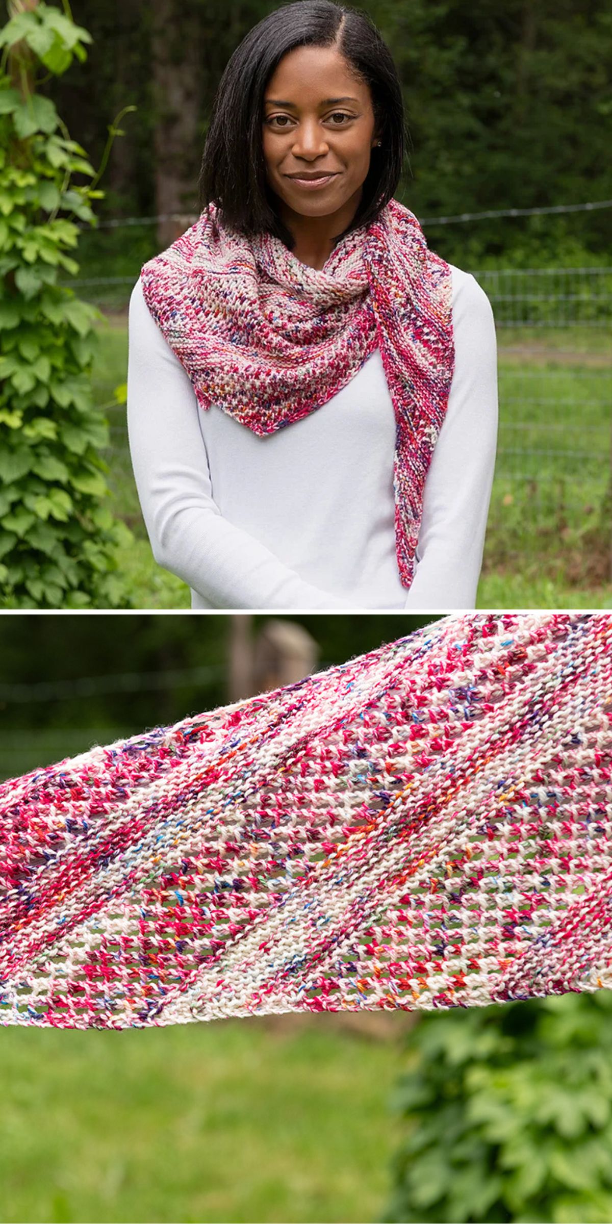 A woman wearing a pink, red, and white knitted shawl stands outdoors. The close-up shows the textured, multicolored pattern of the shawl.