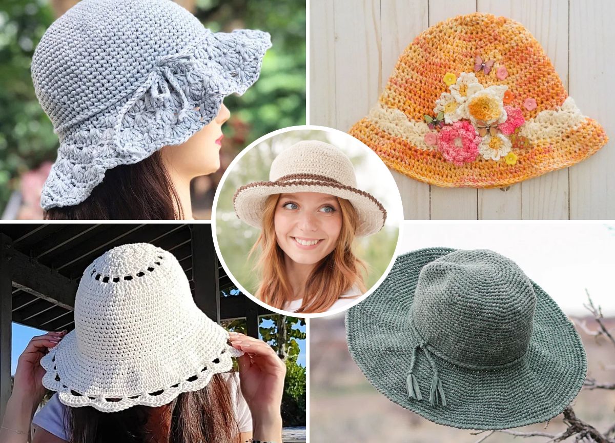 A collage of five crocheted sun hats in various colors and styles, with one worn by a smiling woman in the center.