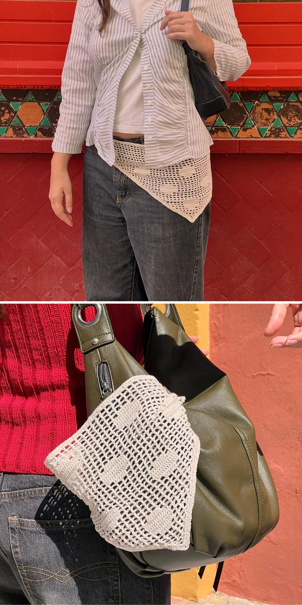 A person displays a black shoulder bag with a white crochet bandana attached, shown in two different outfits against colorful, patterned walls.