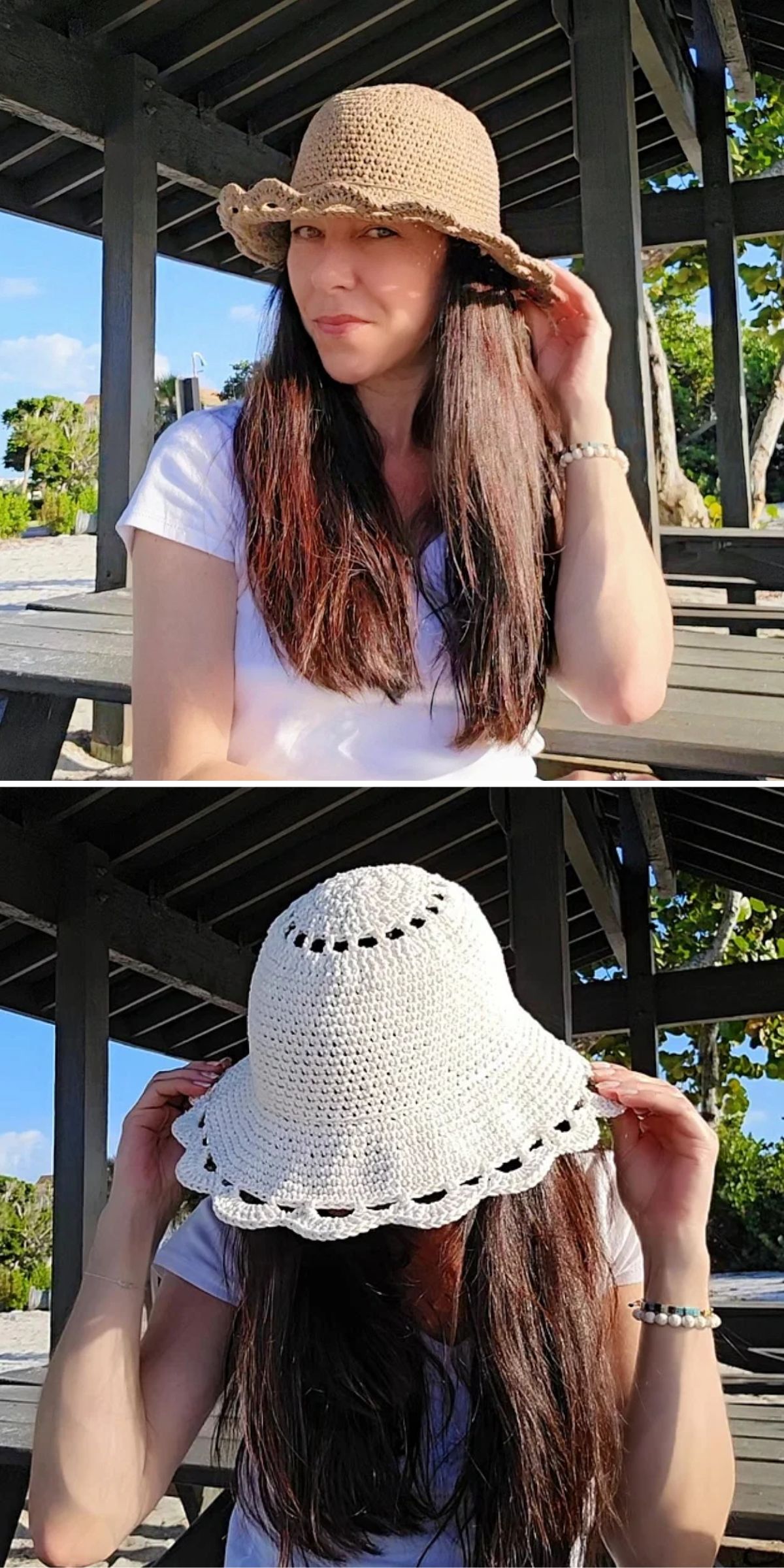 A woman with long brown hair sits outdoors wearing a white shirt and models two different sun hats: a brown hat in the top image and a white hat in the bottom image.
