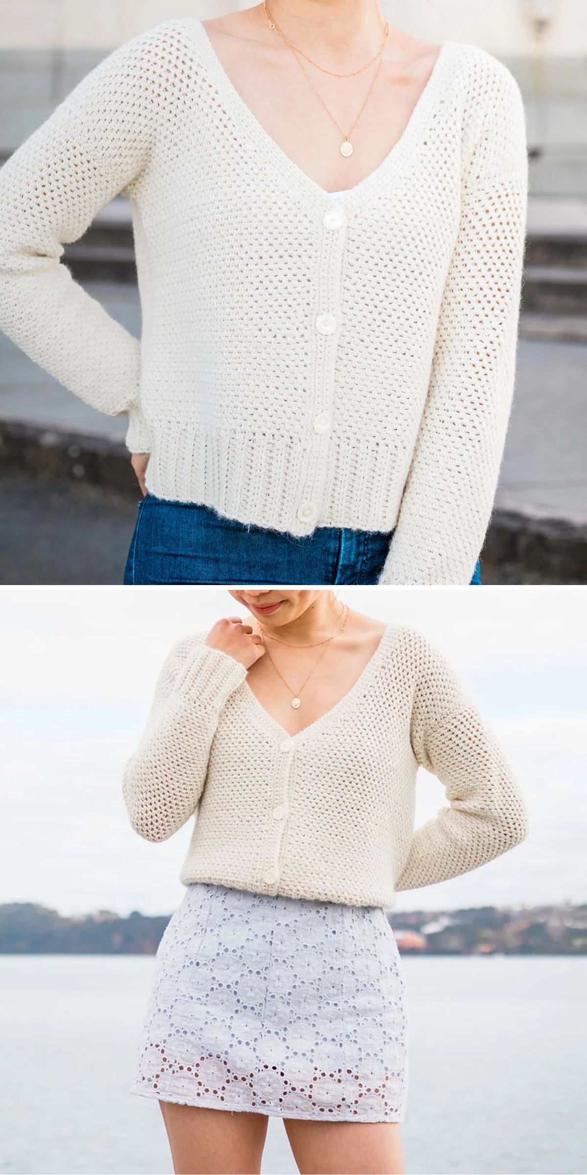 A person wearing a white crochet button-down cardigan with a V-neck, paired with blue jeans in one photo and a white lace skirt in another, both shown outdoors.