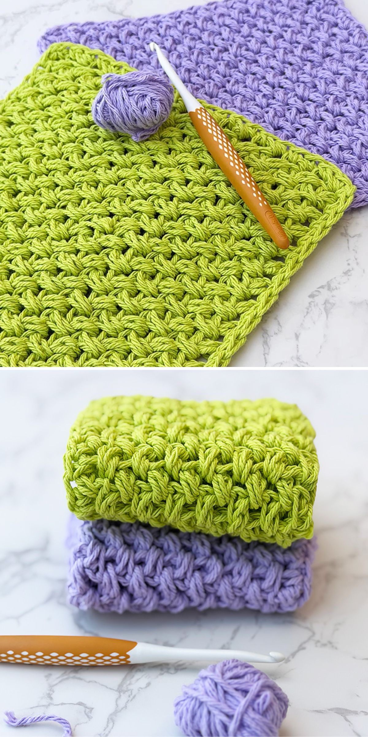 two crochet dishcloths in green and in violet